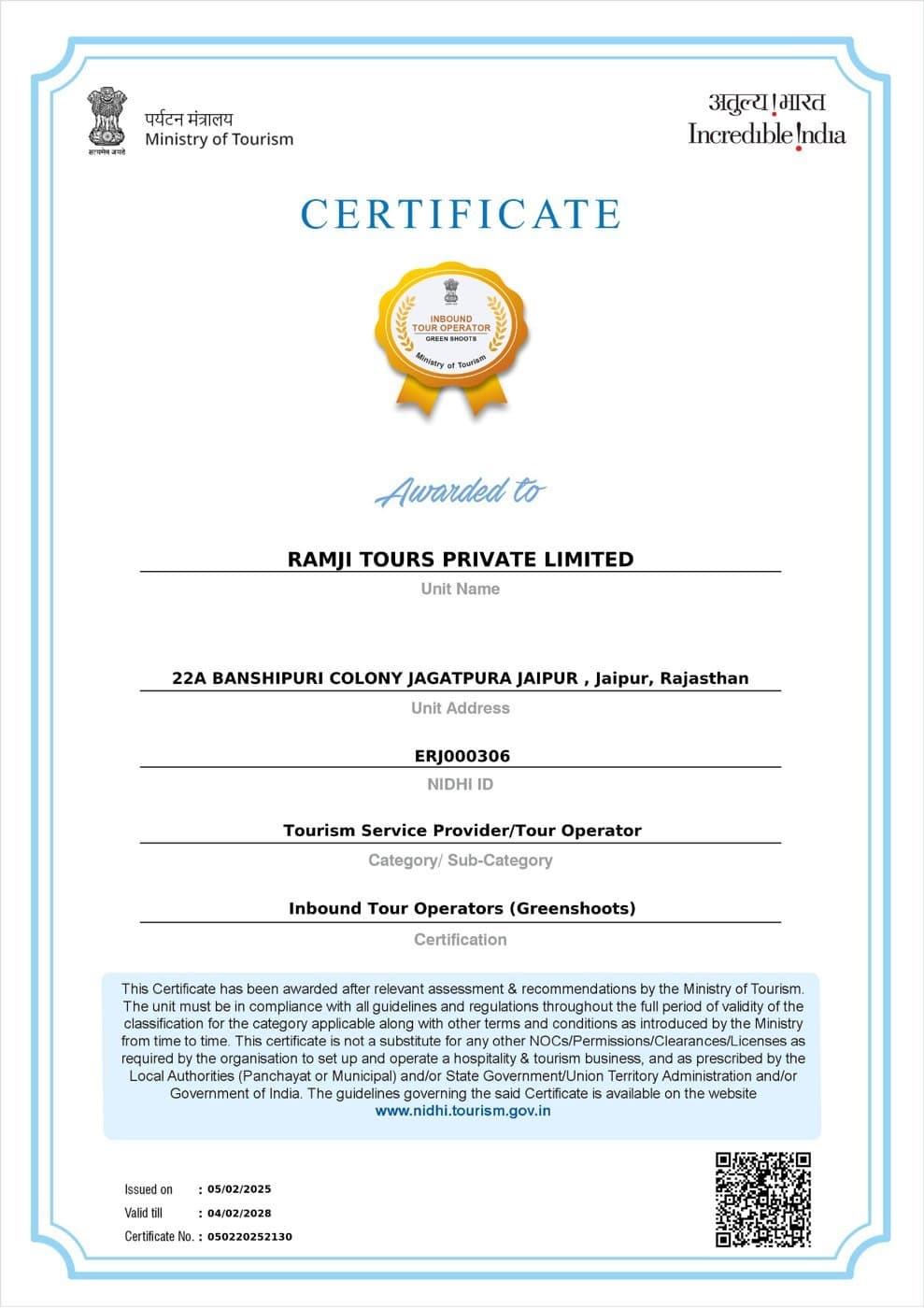 Ministry of Tourism NIDHI certification for Inbound Tour Operator, Greenshoots category