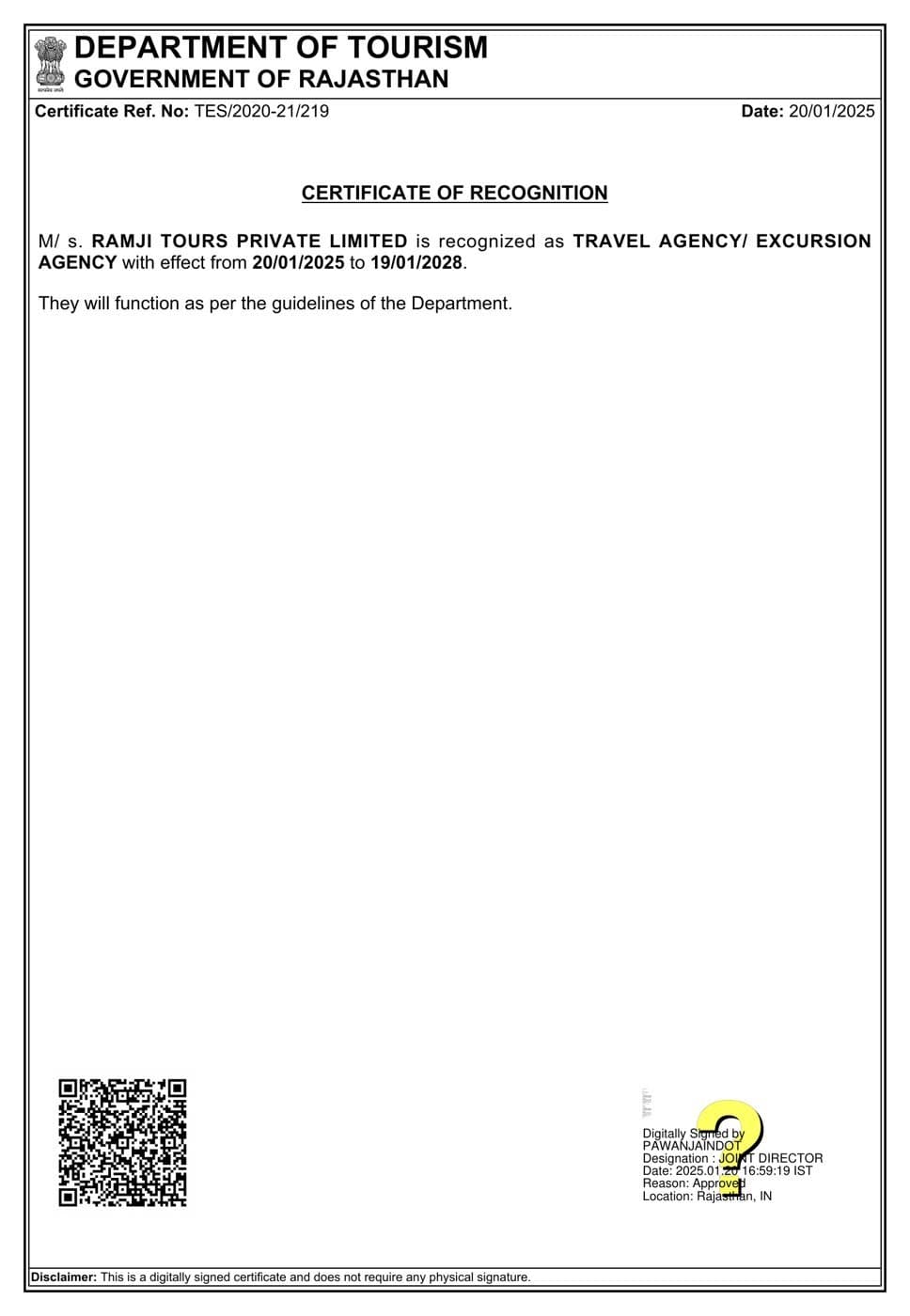 Rajasthan Tourism Department certificate of recognition, issued to Ramji Tours Private Limited