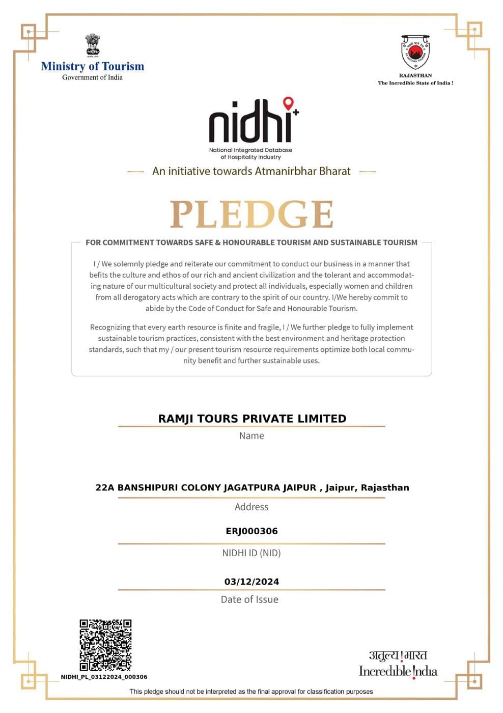 Ministry of Tourism Travel for LiFE sustainability pledge