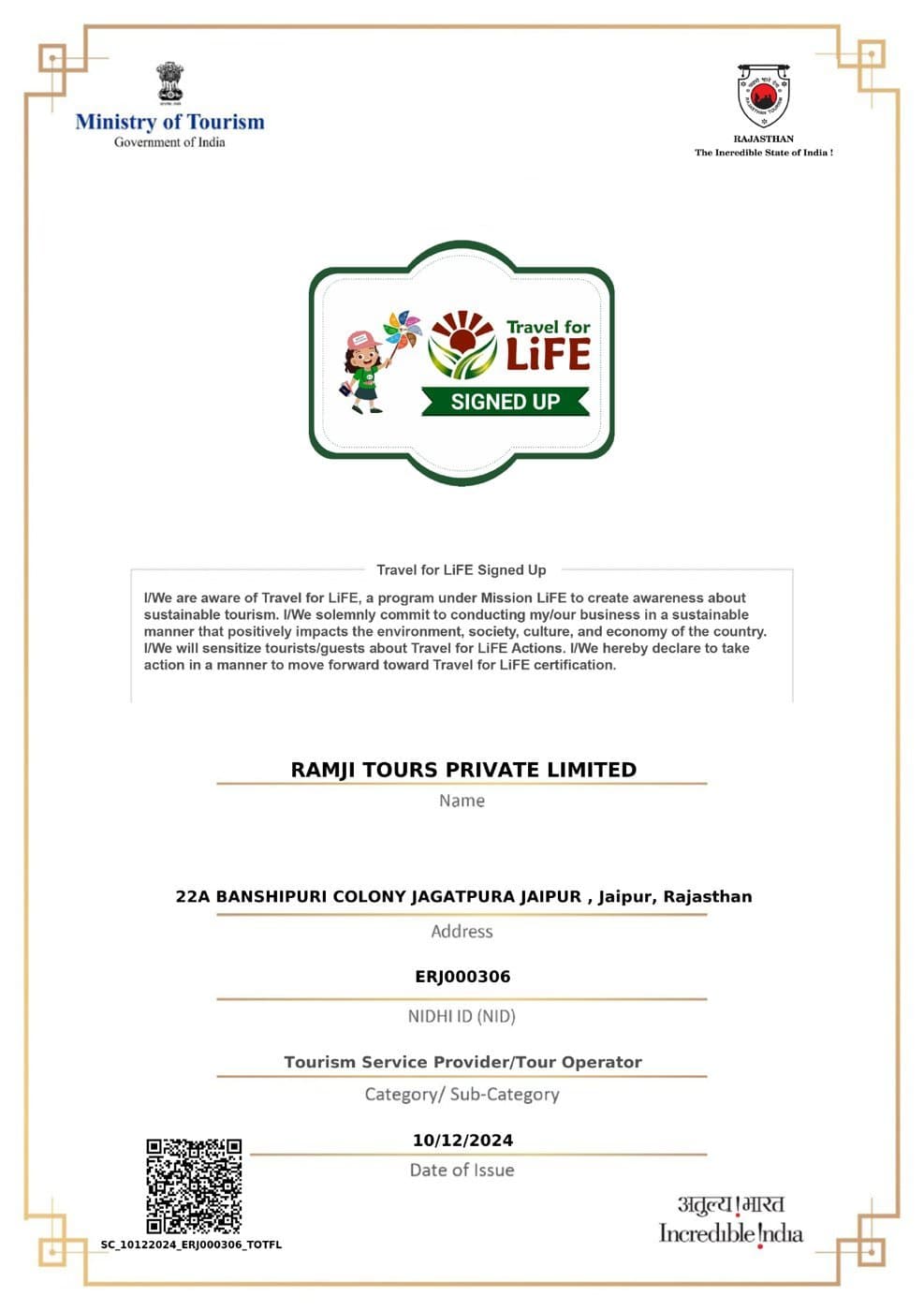 Travel for LiFE signed-up confirmation, Ministry of Tourism