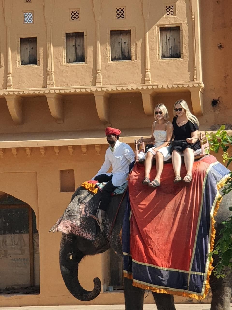 Two guests riding a caparisoned elephant with its mahout on the ceremonial climb to Amber Fort