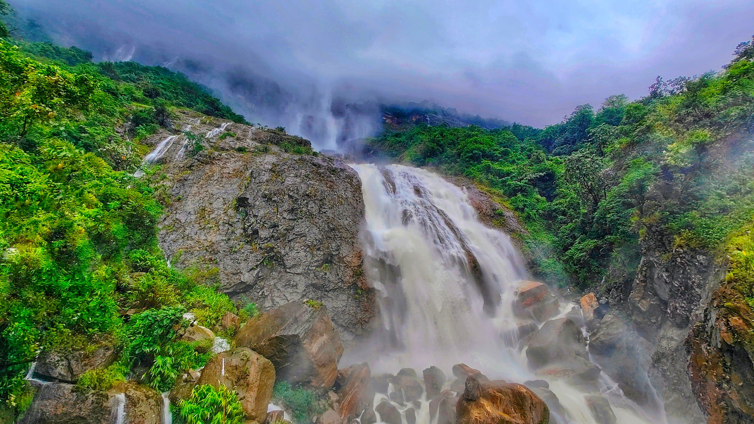 Kynrem Falls dropping through the hills above Cherrapunji, one of the wettest places on Earth.