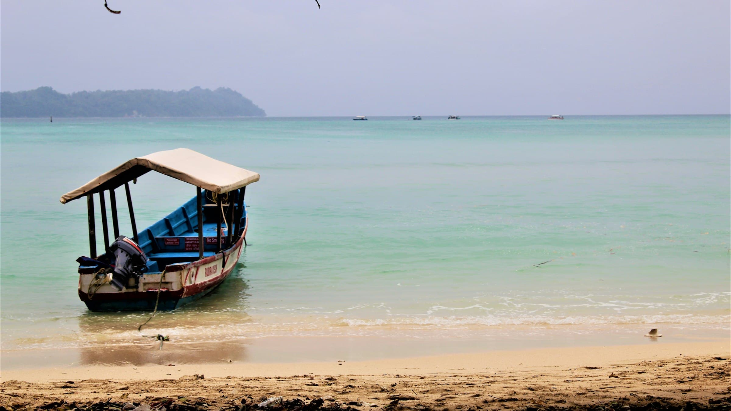 Blue and white wooden boat resting on a sandy beach on Neil Island, Andaman Islands