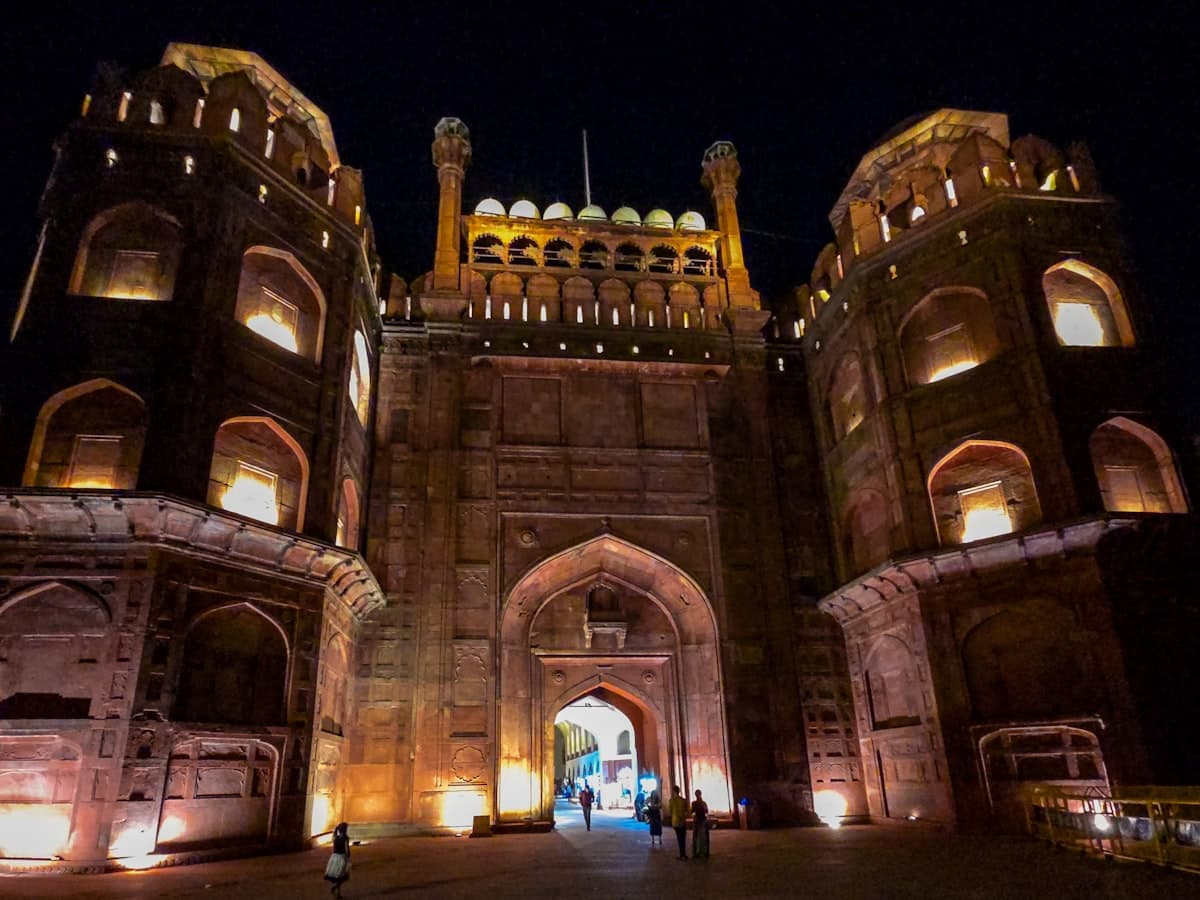 The main gate of the Red Fort, Delhi, lit at dusk