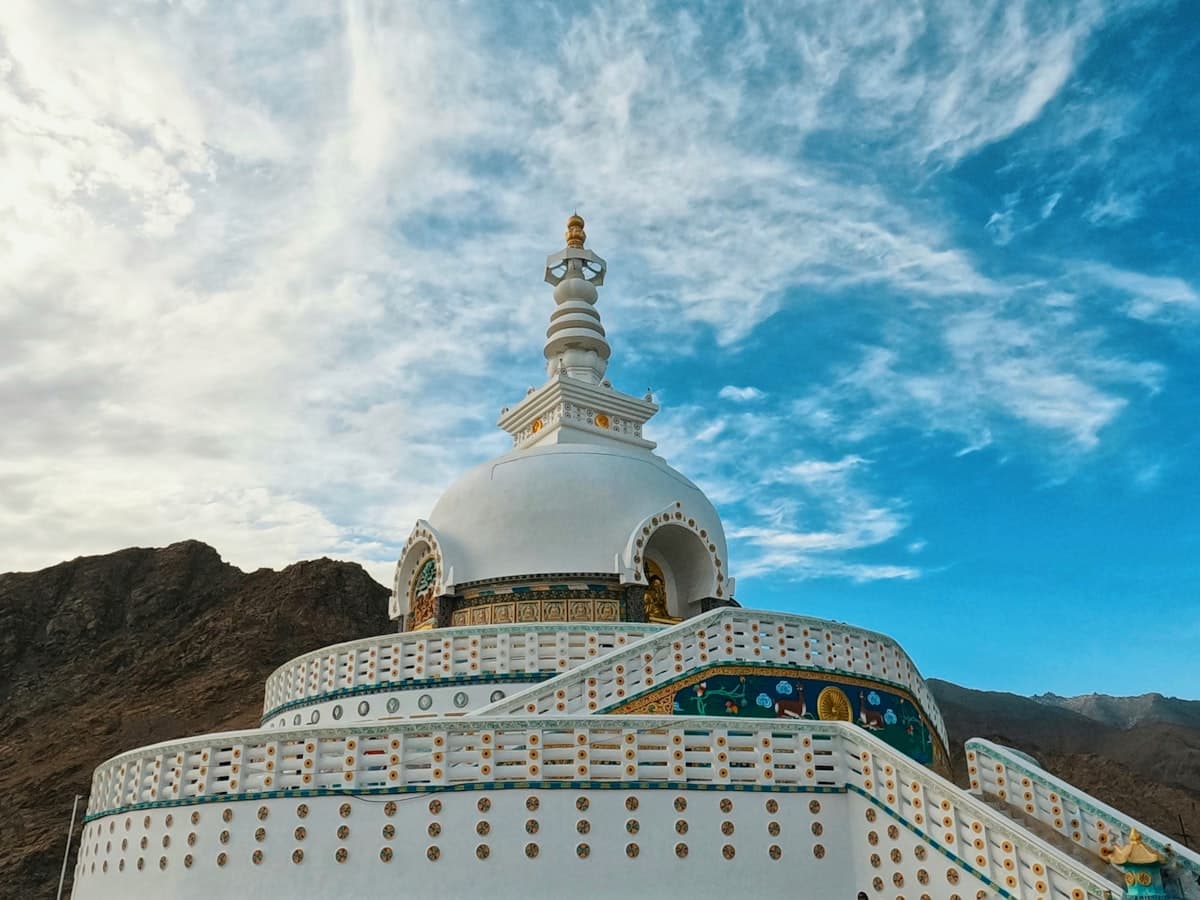 The white-domed Shanti Stupa on its hilltop above Changspa in Leh, a Japanese-built Buddhist peace monument completed in 1991.