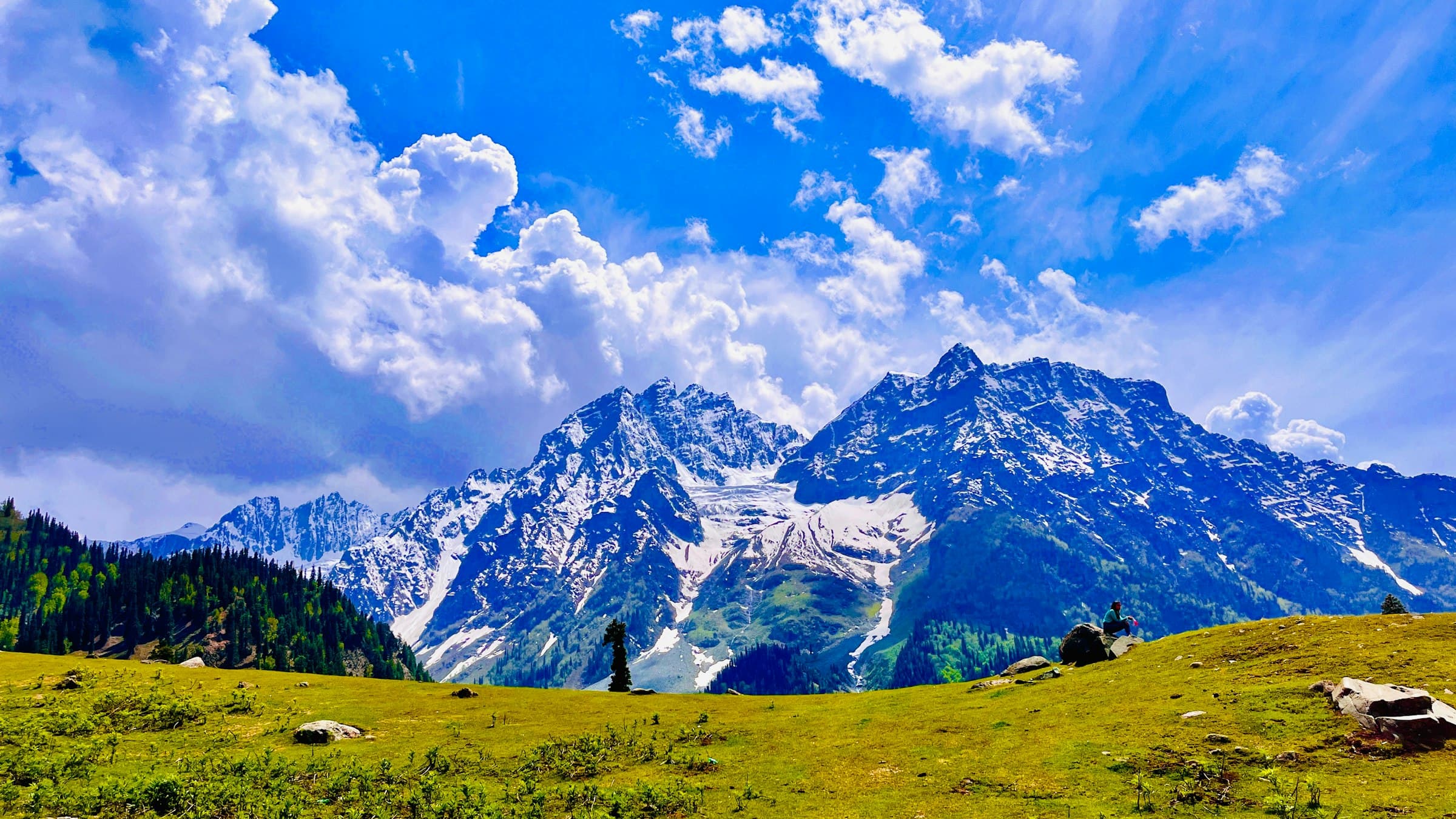 A broad green alpine meadow runs to a wall of snow-streaked peaks near Sonamarg in Kashmir.