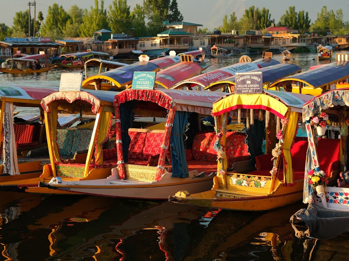 Rows of colourful shikara boats lie moored on the still water of Dal Lake with mountains behind.