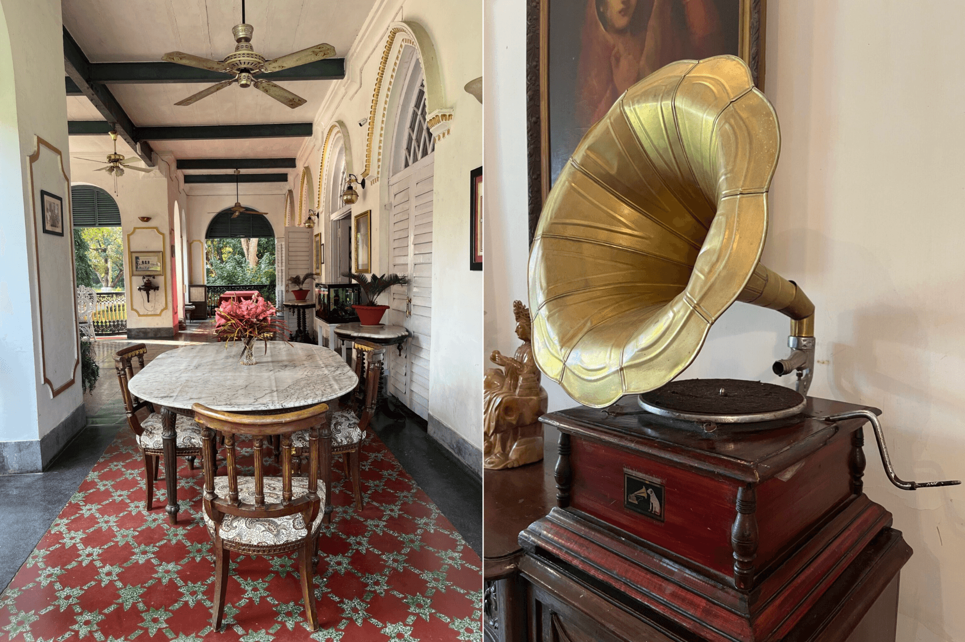 The heritage verandah lounge of Thengal Manor with antique furniture and a vintage gramophone.