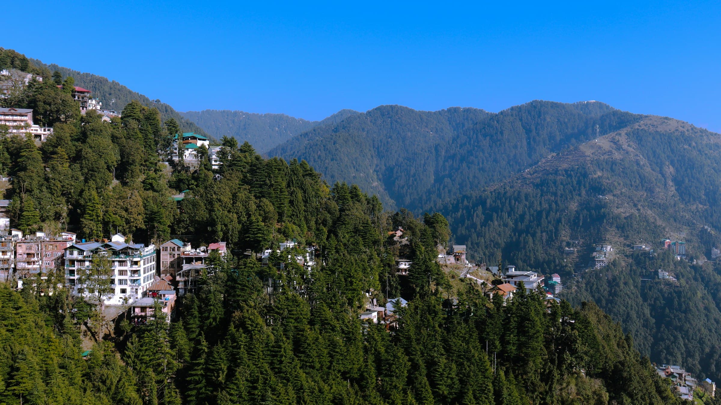 The hill town of Dalhousie with buildings stacked along a pine-covered mountainside in Chamba district, Himachal Pradesh.