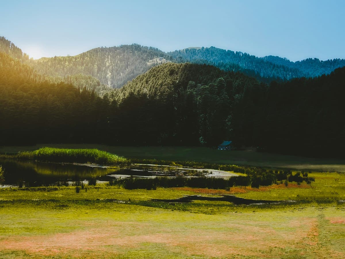 A green meadow beside a small lake ringed by forest, the Khajjiar saucer near Dalhousie.