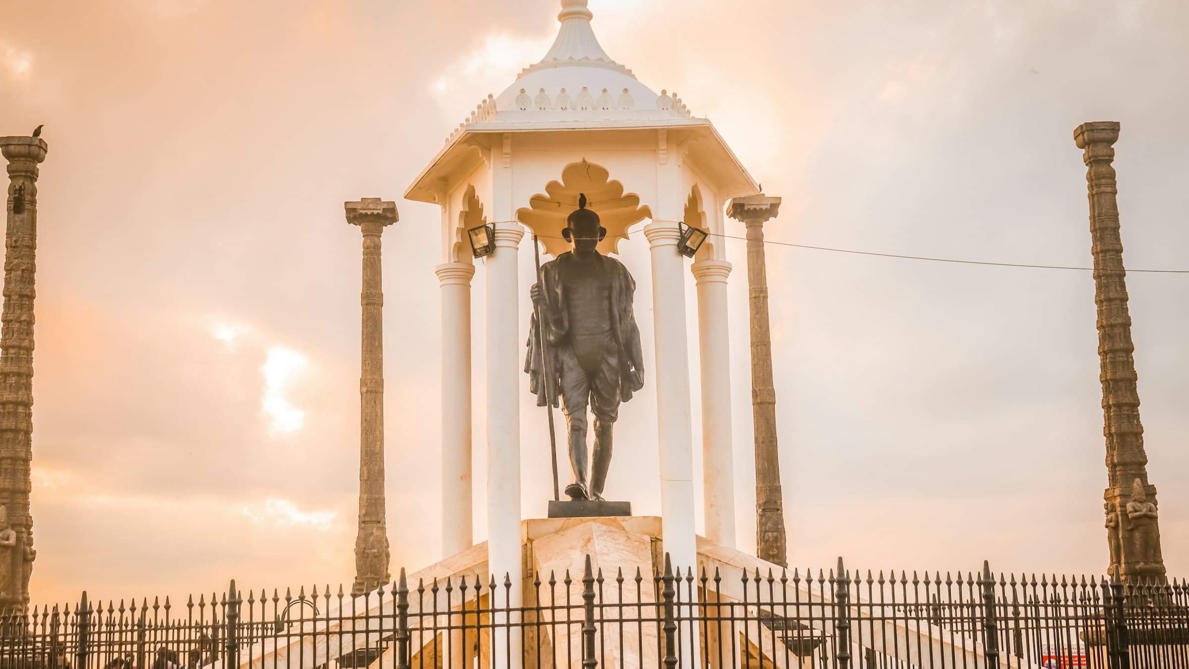 A memorial statue on the seafront Promenade (Beach Road) at Pondicherry.