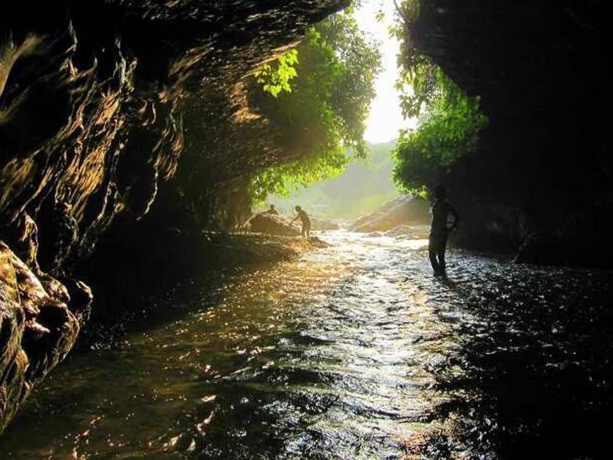The narrow limestone gorge of Robbers Cave (Guchhu Pani) near Dehradun, Uttarakhand