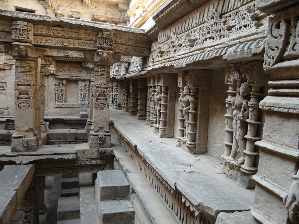 Deeply carved sculpture walls of Rani ki Vav, the UNESCO World Heritage stepwell at Patan, Gujarat