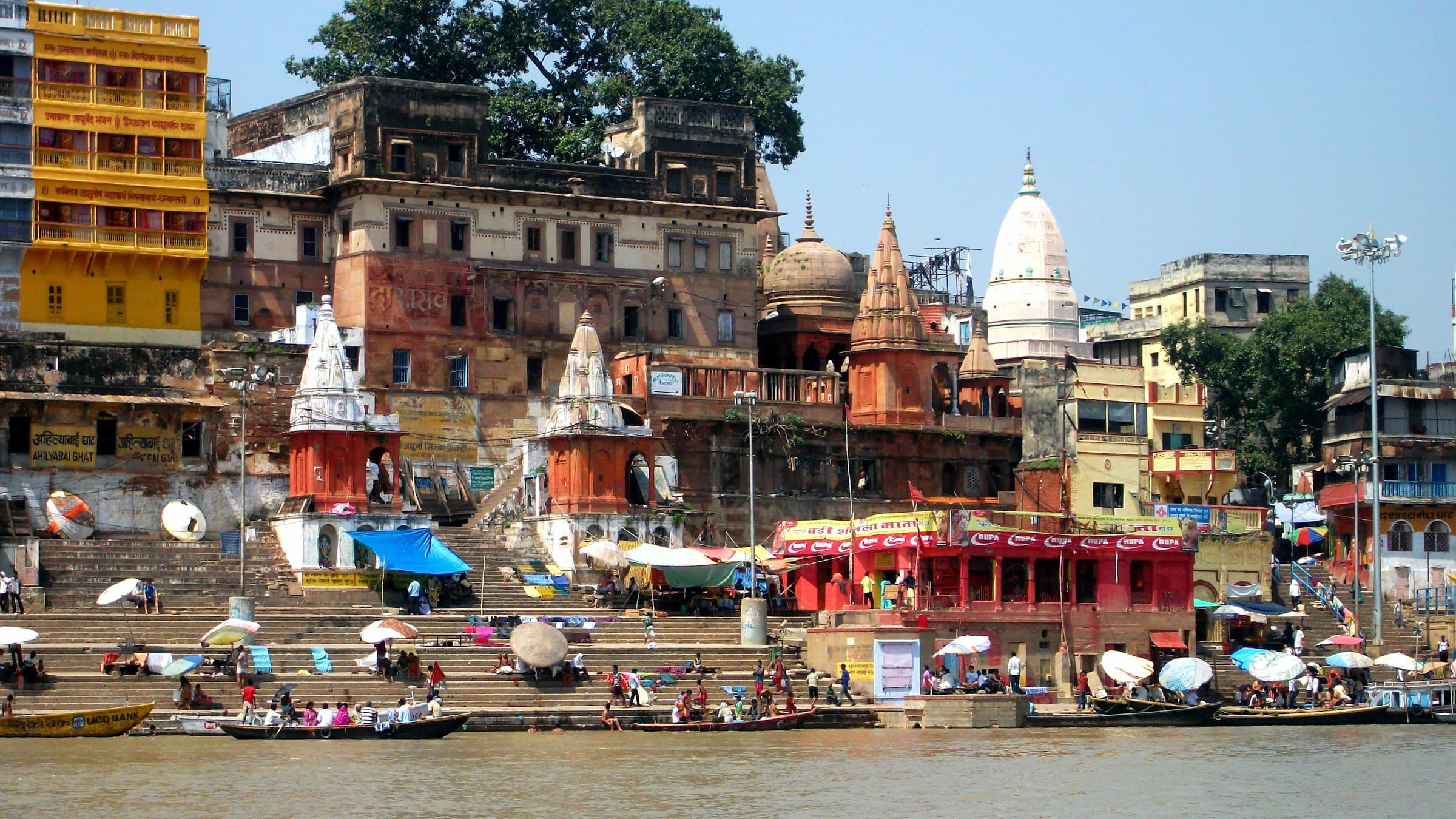 Boats and stone ghats along the Ganges in Varanasi