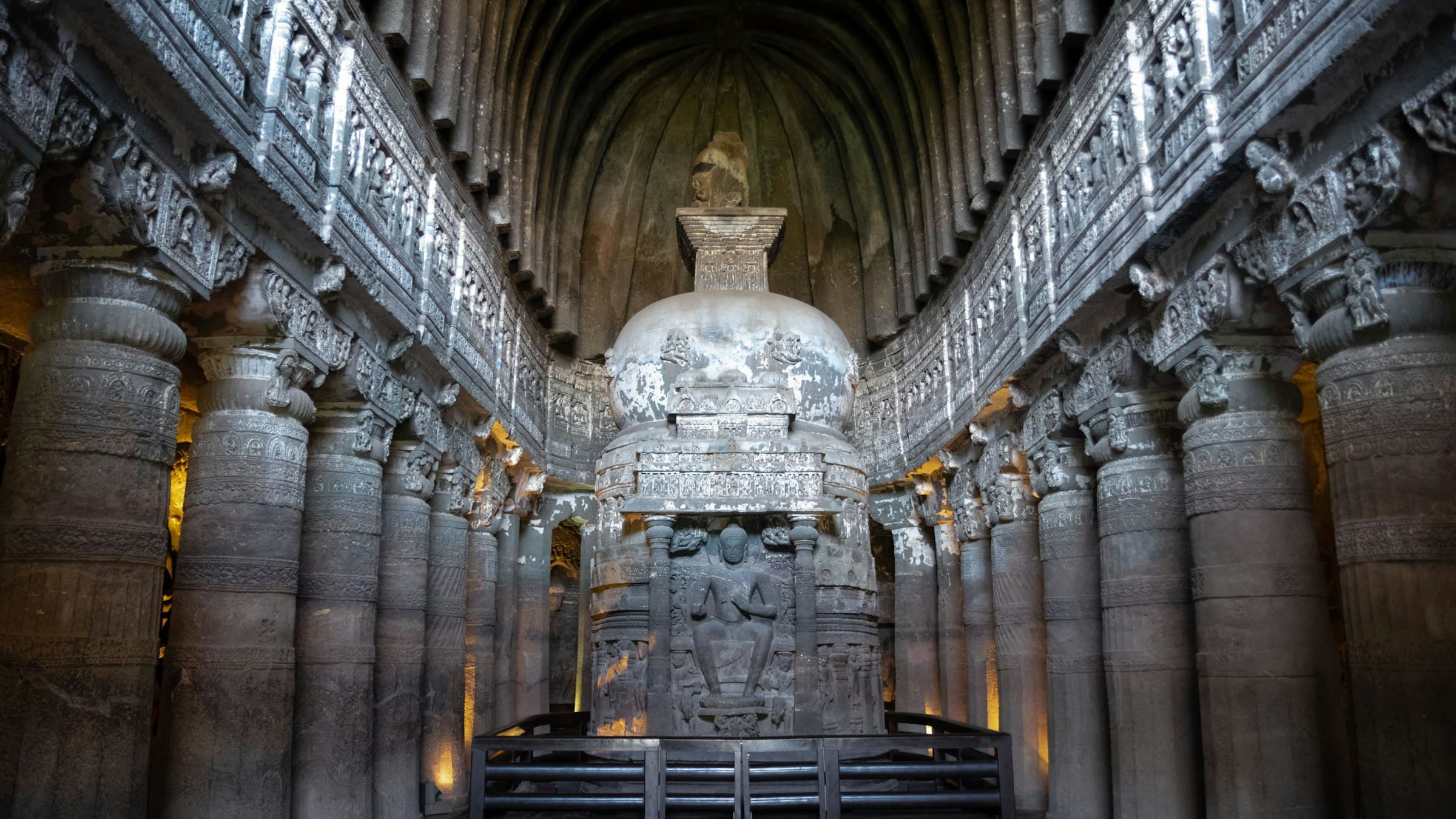 The Grand Stupa at the Ajanta Caves, carved into a hillside in Maharashtra