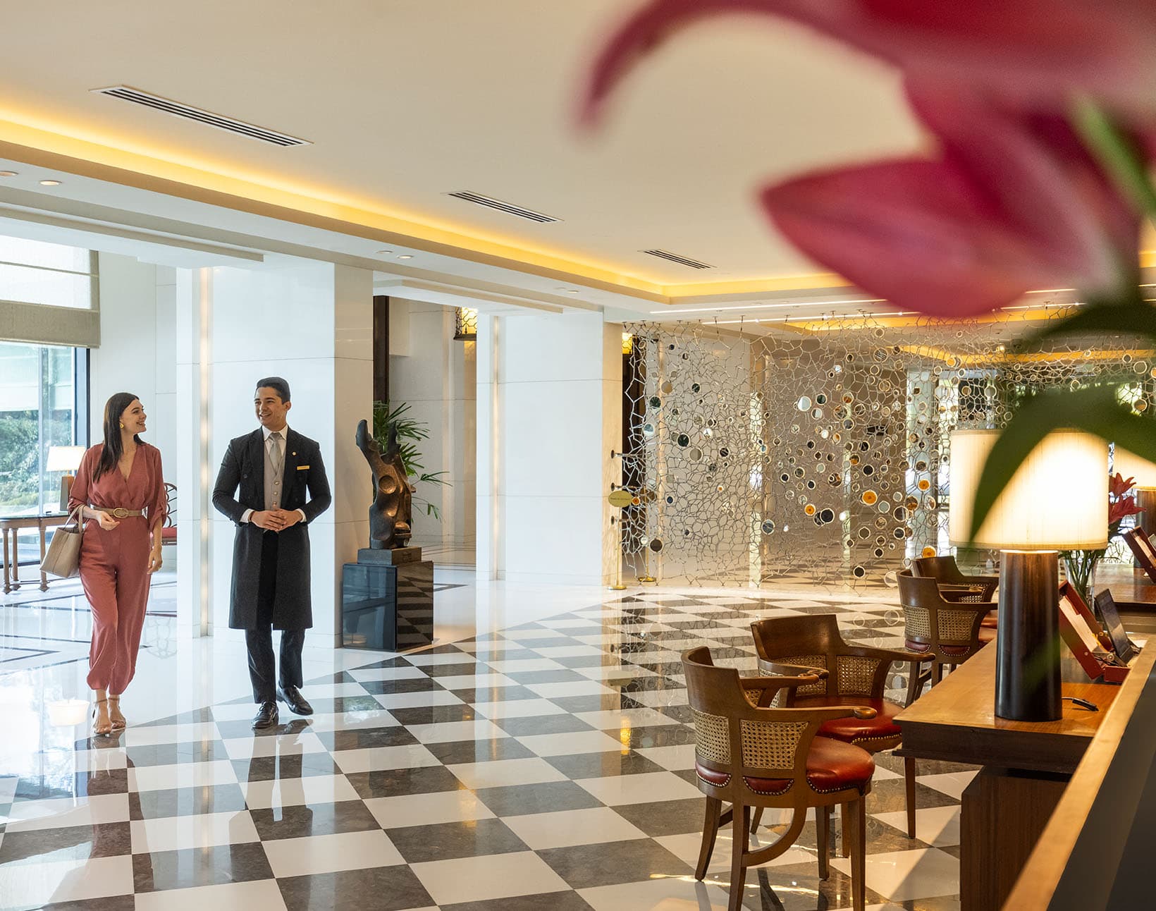 The art-filled lobby of The Oberoi, New Delhi with its Tree of Life sculpture