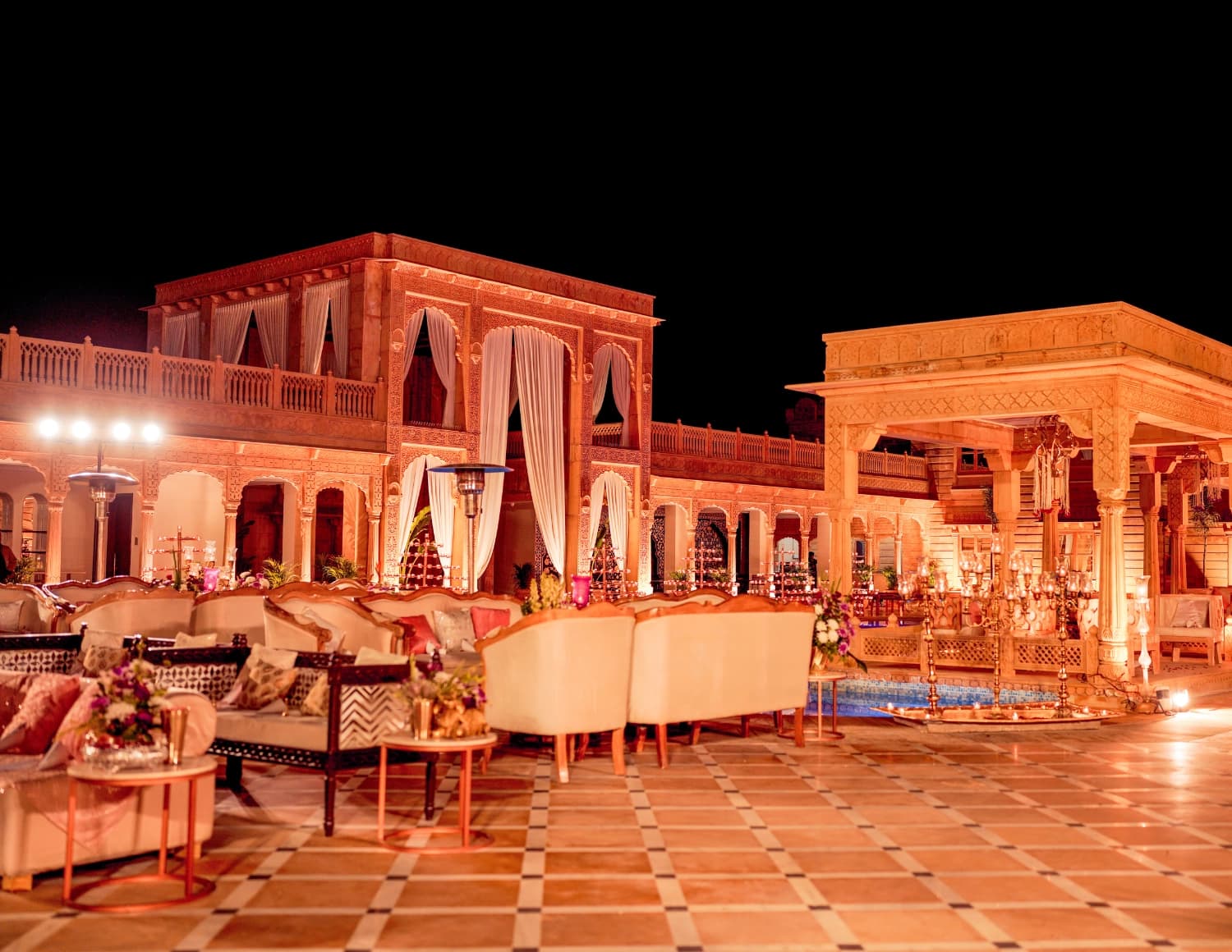 Interior stonework and jharokha balconies in the central atrium of Fort Rajwada, Jaisalmer