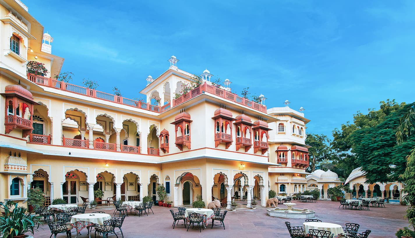 Heritage interiors and frescoed walls at Alsisar Haveli, Jaipur