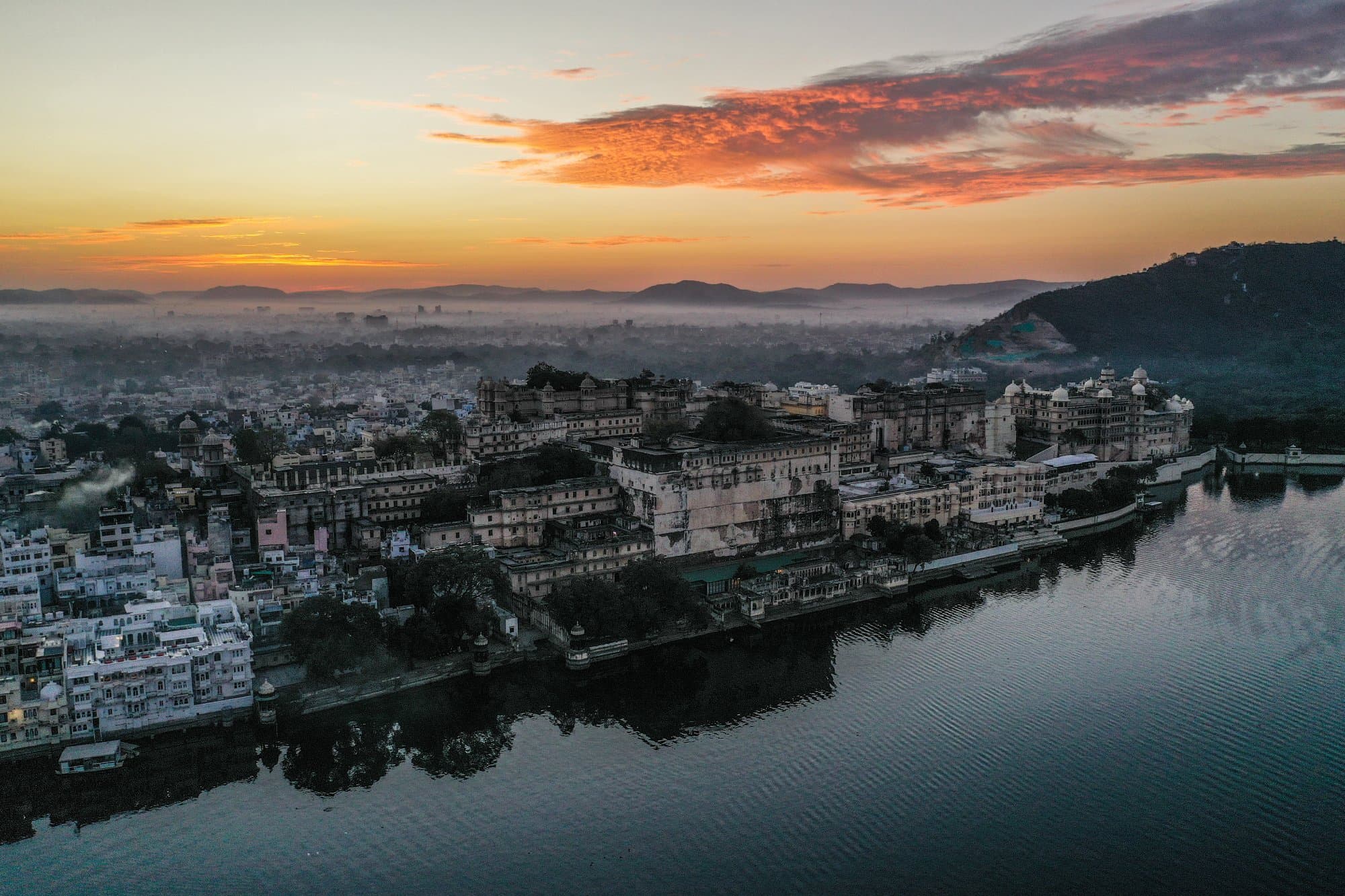 Aerial view over Lake Pichola and the Lal Ghat waterfront at Jagat Niwas Palace, Udaipur