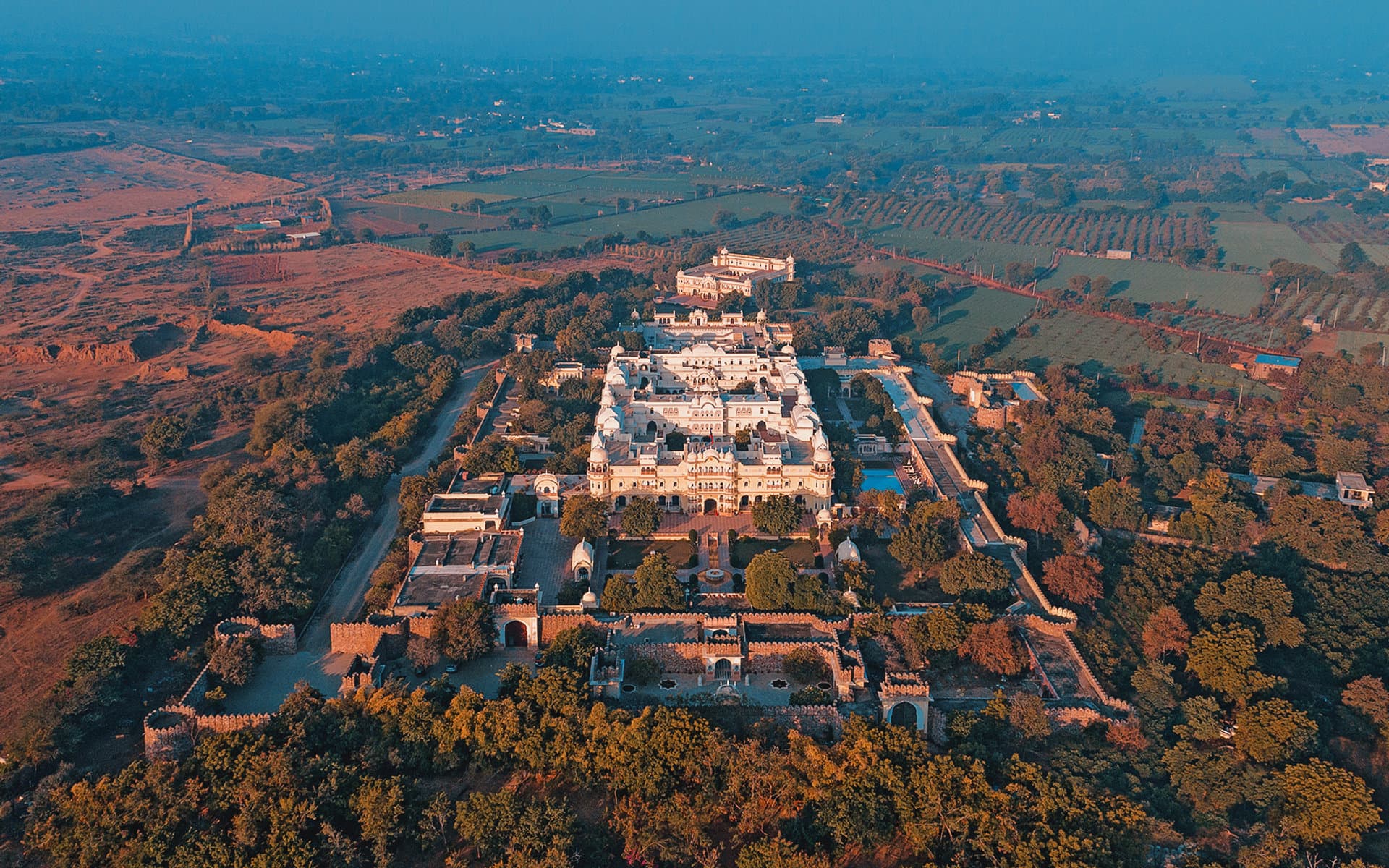 Nahargarh Ranthambhore and its Mughal garden, seen from above near the Ranthambore forest