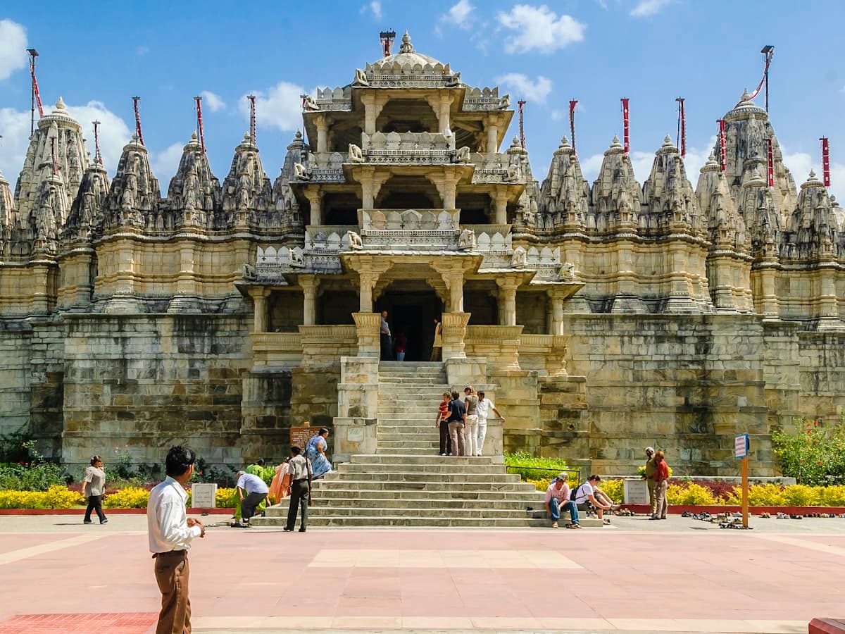 The carved marble pillars and domed ceilings of the Jain temple at Ranakpur