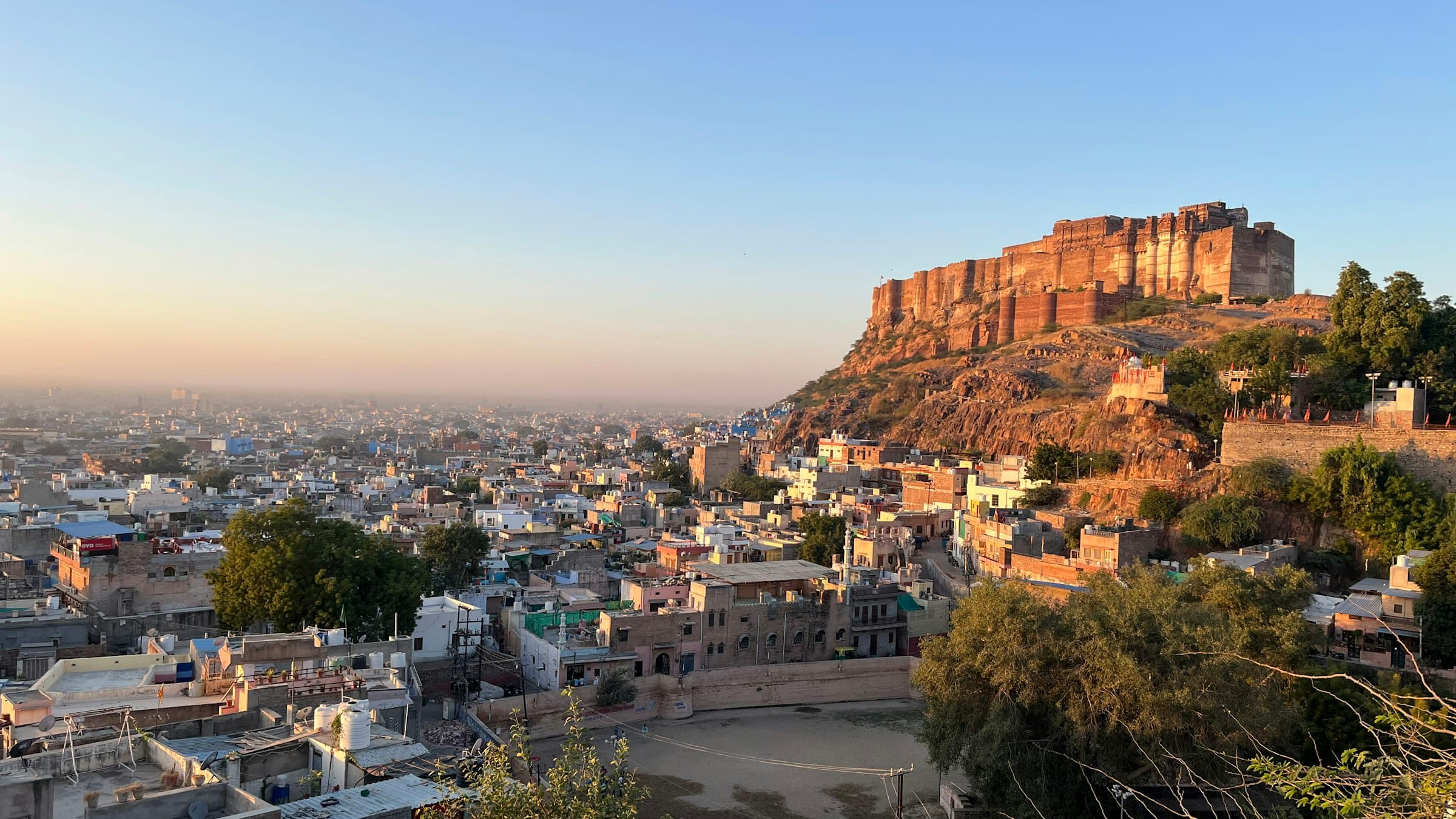 Mehrangarh Fort rising above Jodhpur, seen across the city