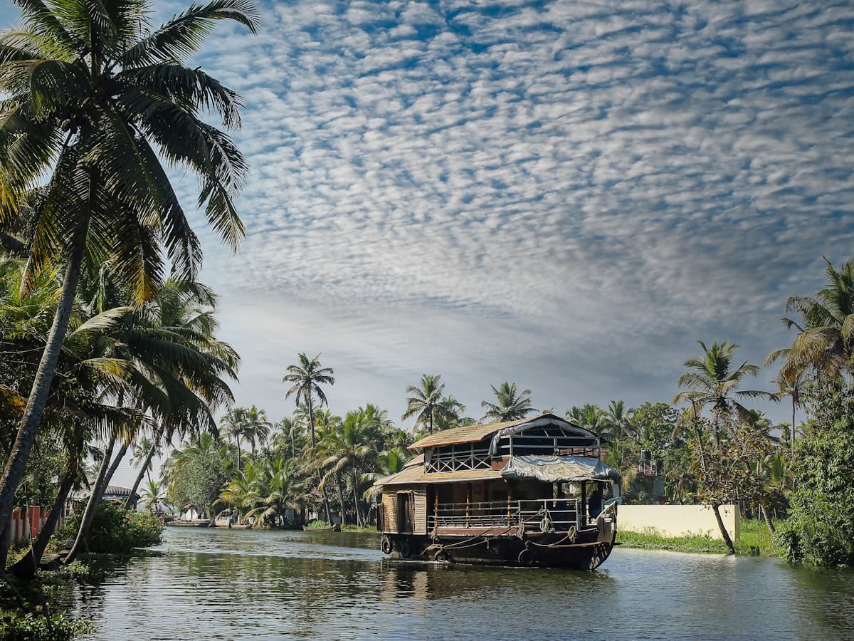 A wooden country canoe on a narrow palm-lined backwater canal