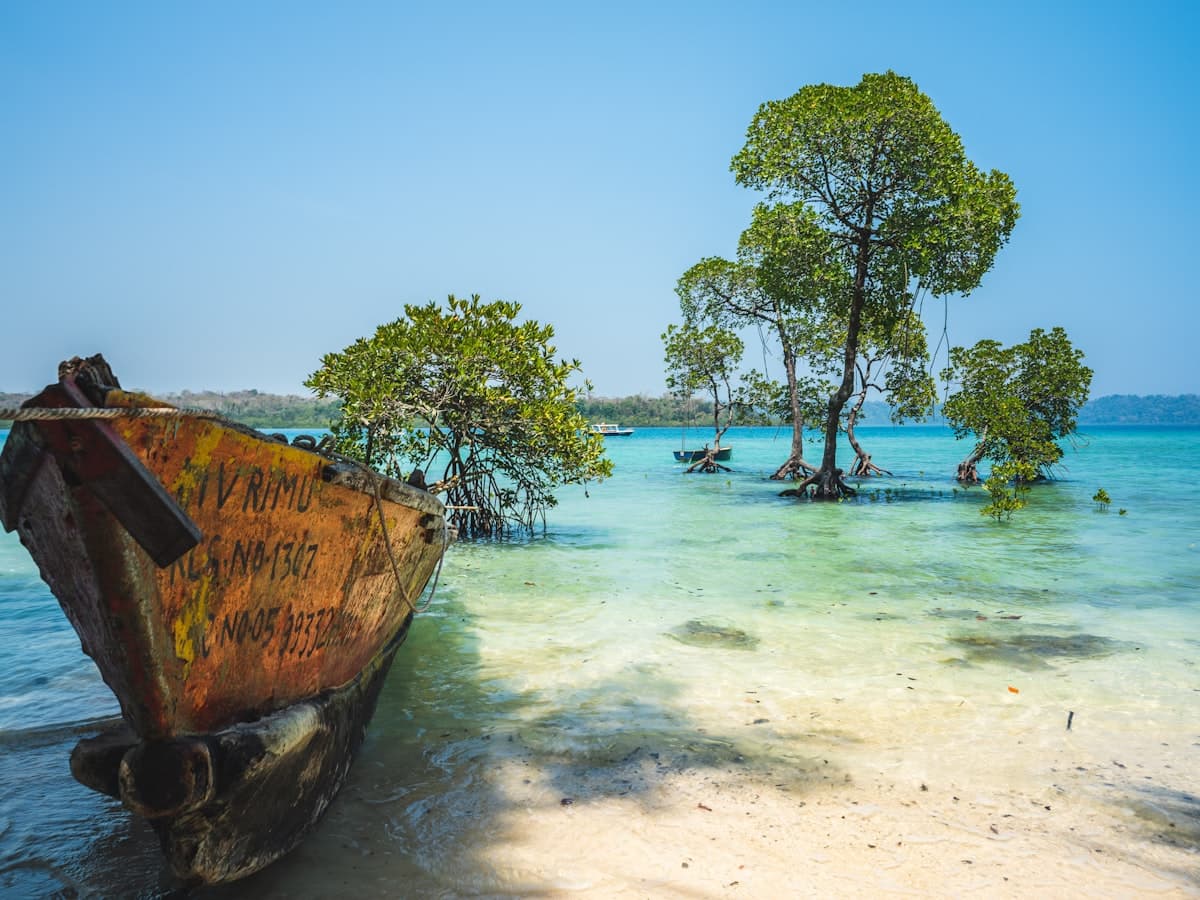 A wooden fishing boat drawn up on an Andaman beach