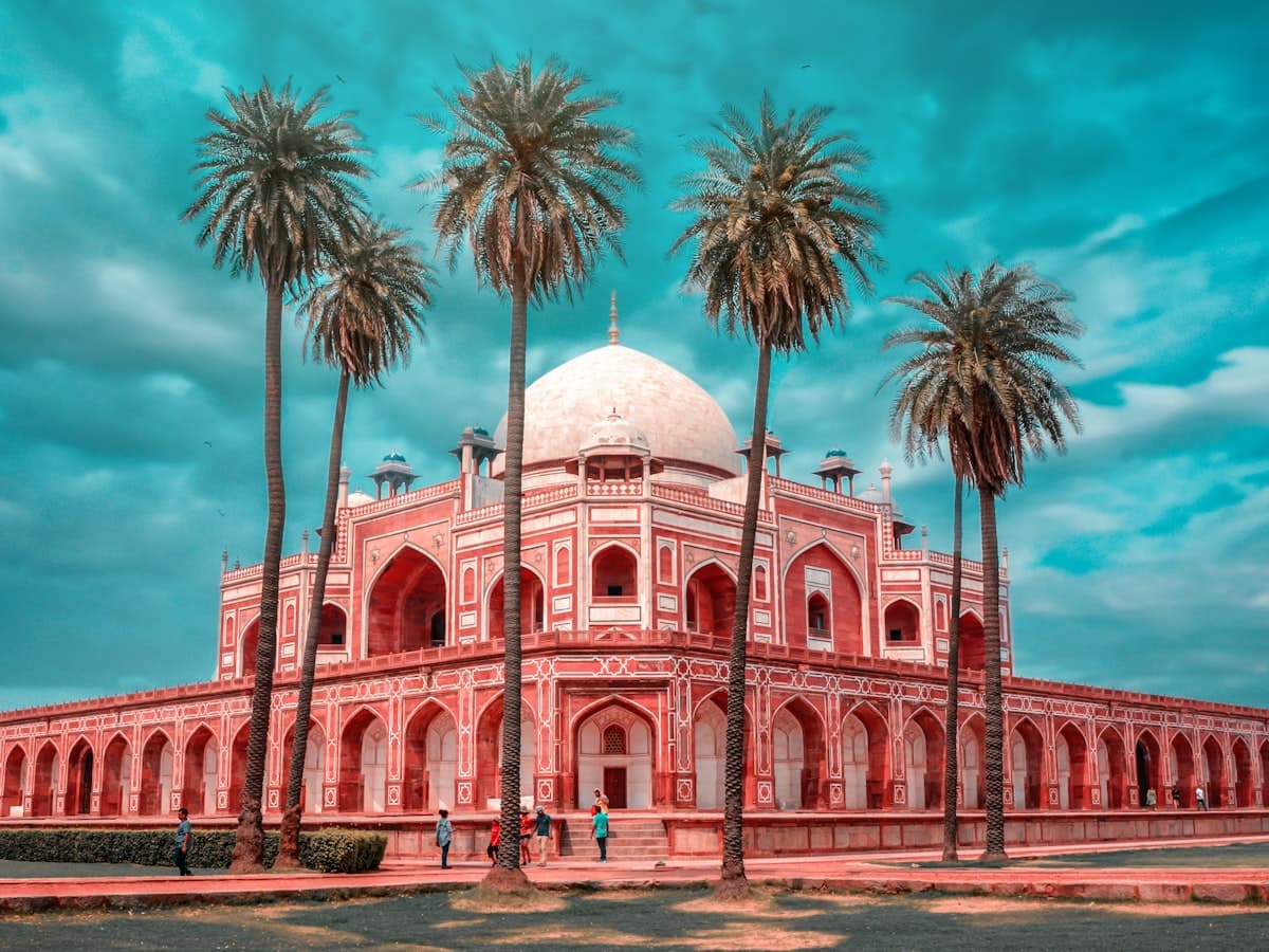 The red sandstone and white marble dome of Humayun's Tomb among gardens