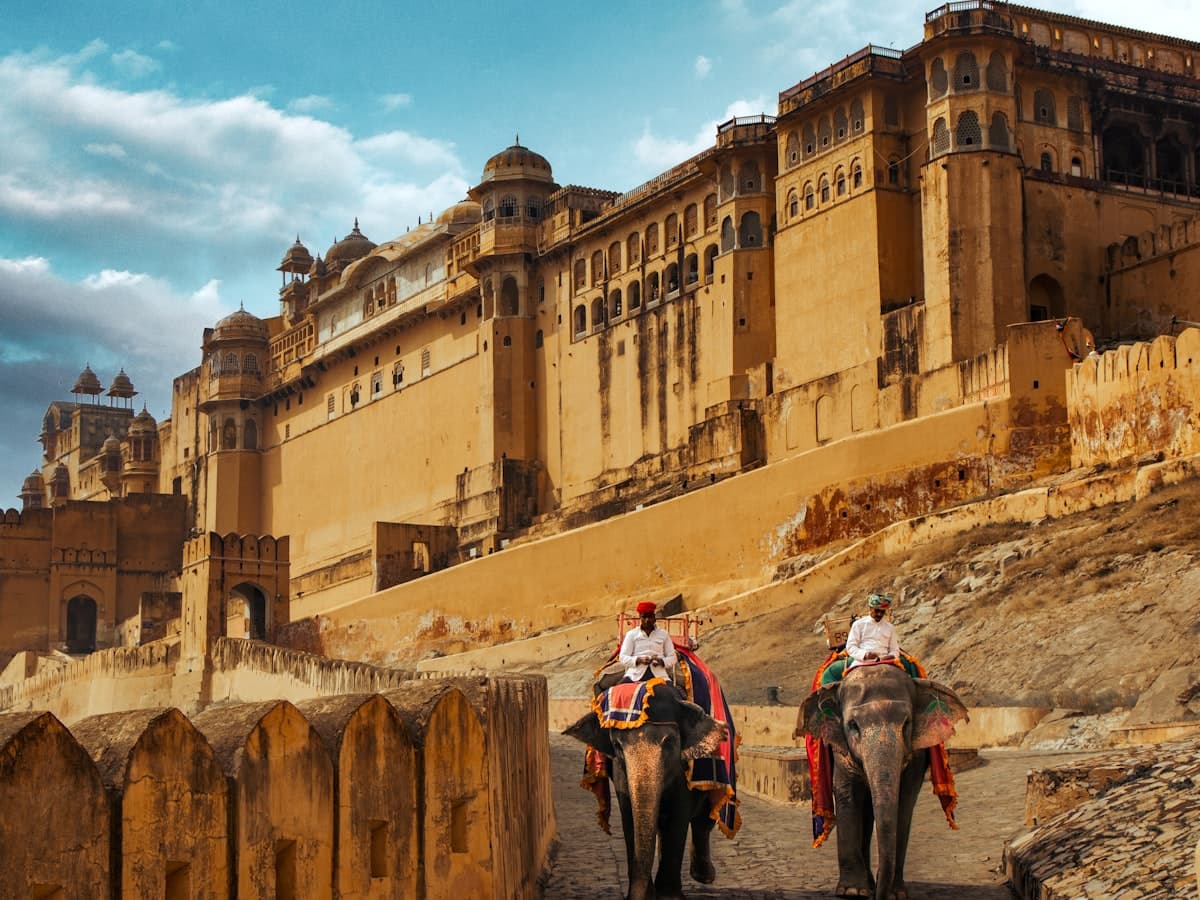 Visitors riding elephants up the ramp to Amber Fort, Jaipur