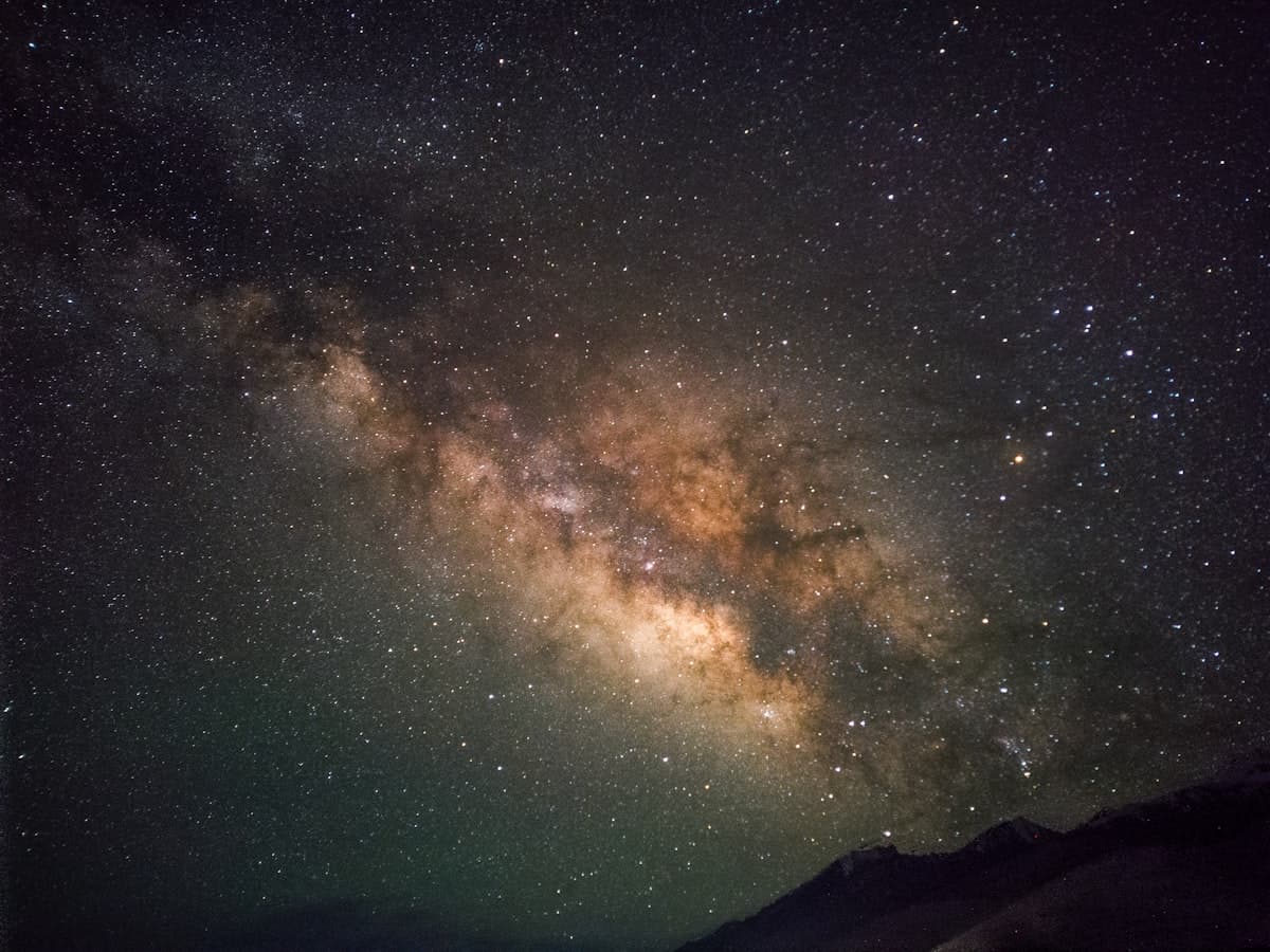 The Milky Way arching over the mountains at Pangong Lake, where high altitude and near-zero light pollution make for some of Ladakh's darkest skies.