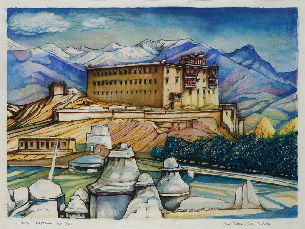 Exterior of the 1820 Stok Palace, the Namgyal dynasty's royal residence, rising in tiers of whitewashed walls against the Ladakh mountains