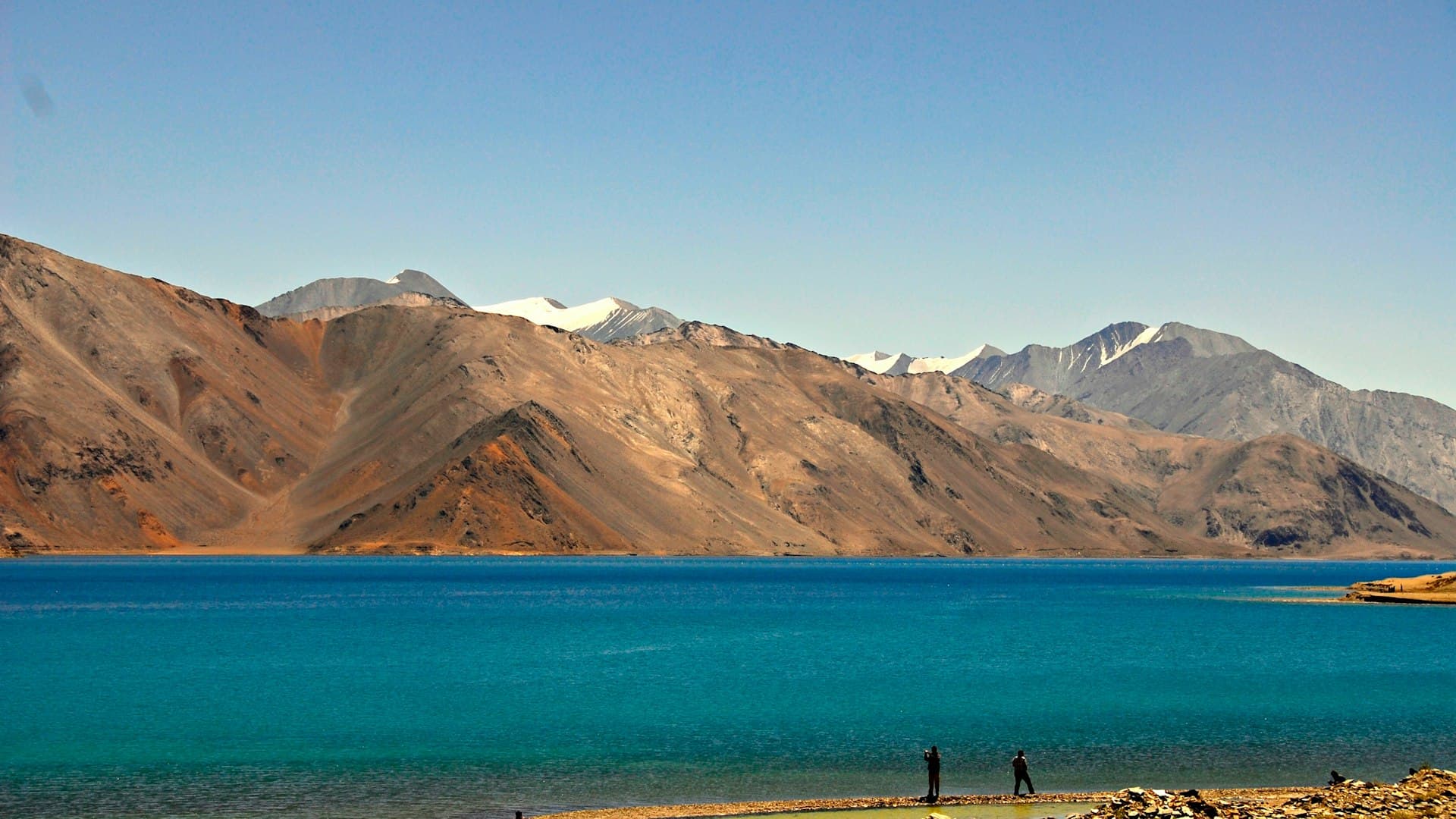 The turquoise shore of Pangong Tso at around 14,000 feet, a lone figure on the pebble beach below bare brown and snow-dusted mountains
