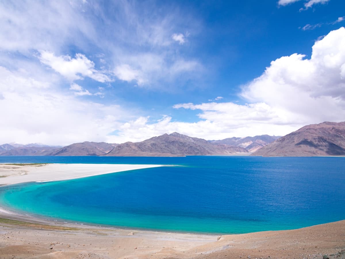 The vivid blue water of Pangong Tso stretching between bare brown ridges under a clear Ladakh sky.