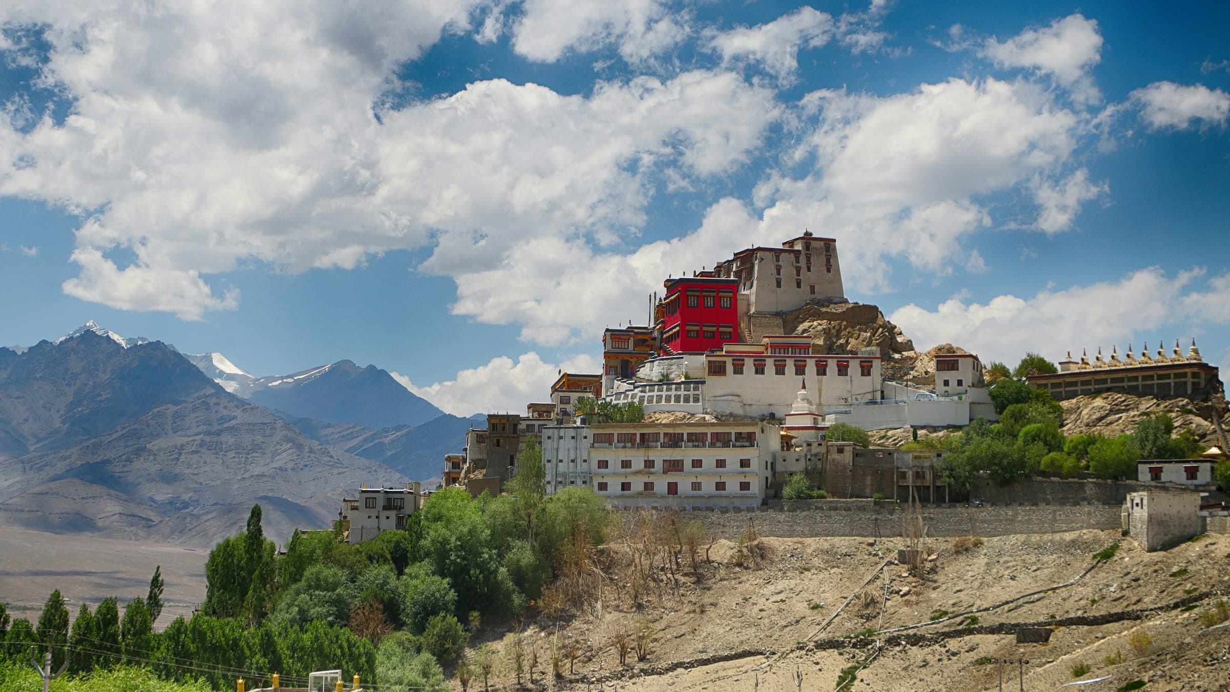 Thiksey Monastery seen across the valley at first light, its whitewashed halls tiered up a rocky spur against the Ladakh mountains.