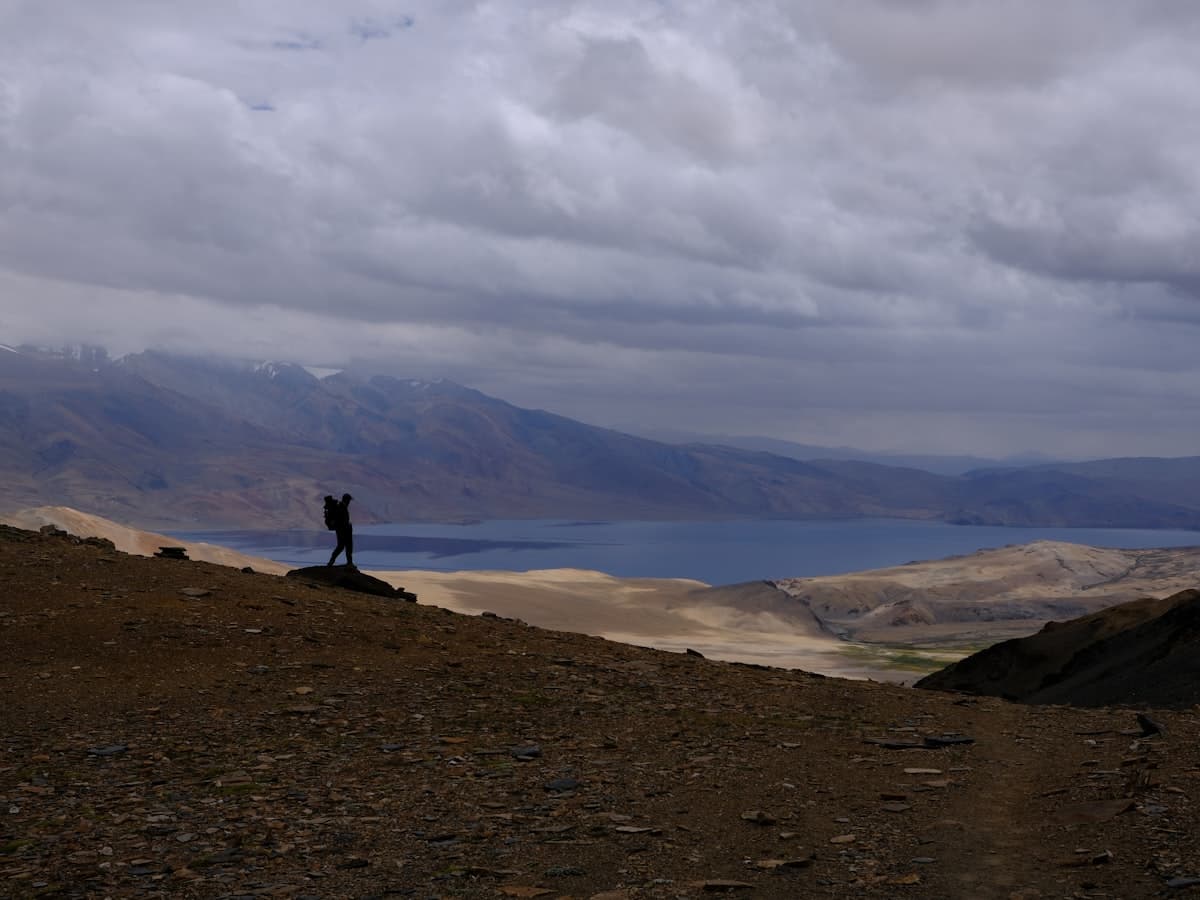 A lone trekker stands against the still blue sheet of Tso Moriri, the high salt-tinged lake of Ladakh's Changthang plateau.