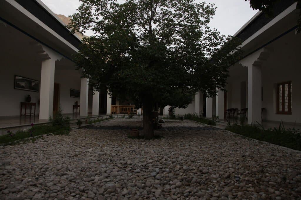 The planted interior courtyard of The Apricot Tree, with a mature tree, gravel paths and framed pictures along the whitewashed verandah walls