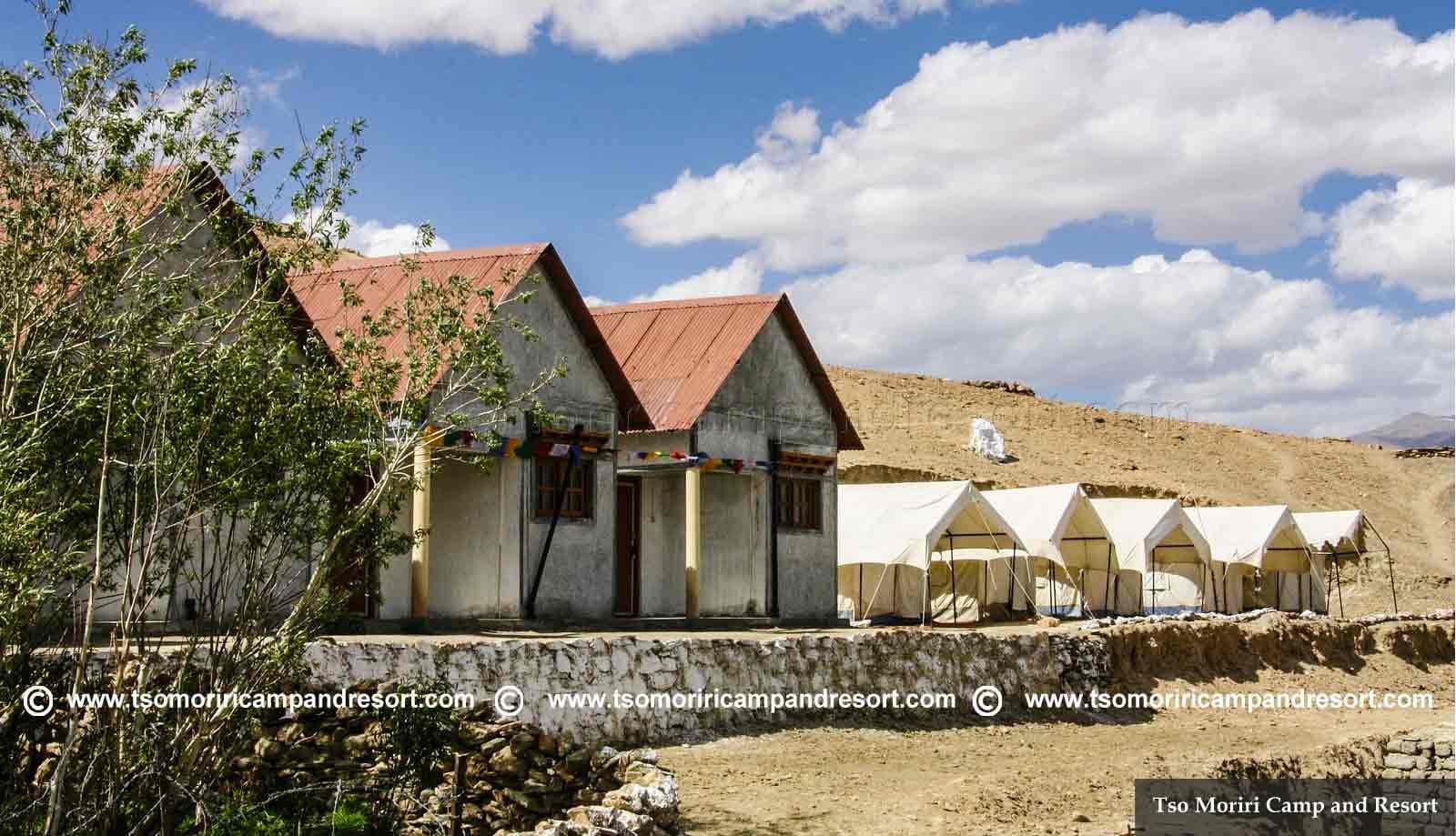 Rows of stone cottages and canvas tents at Tso Moriri Camp and Resort on the Changthang plateau near Korzok village