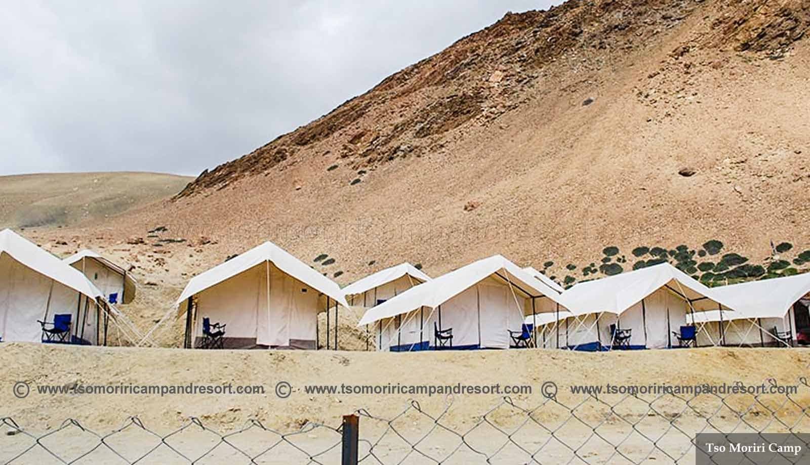 White canvas tents of Tso Moriri Camp and Resort behind a low fence, Korzok, near Tso Moriri lake