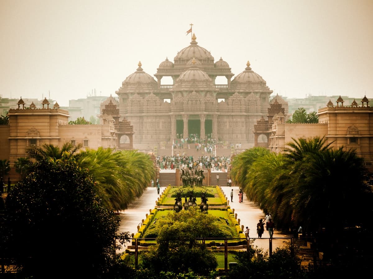 The carved pink-sandstone and white-marble facade of the Swaminarayan Akshardham temple complex in New Delhi.