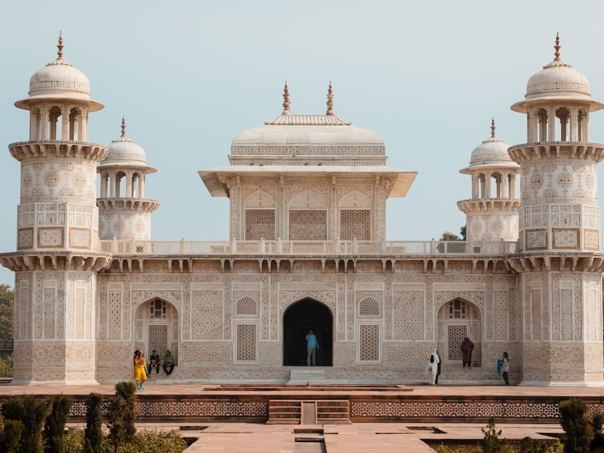 The white-marble Mughal tomb of Itimad-ud-Daulah, the pietra-dura 'Baby Taj' on the east bank of the Yamuna in Agra.