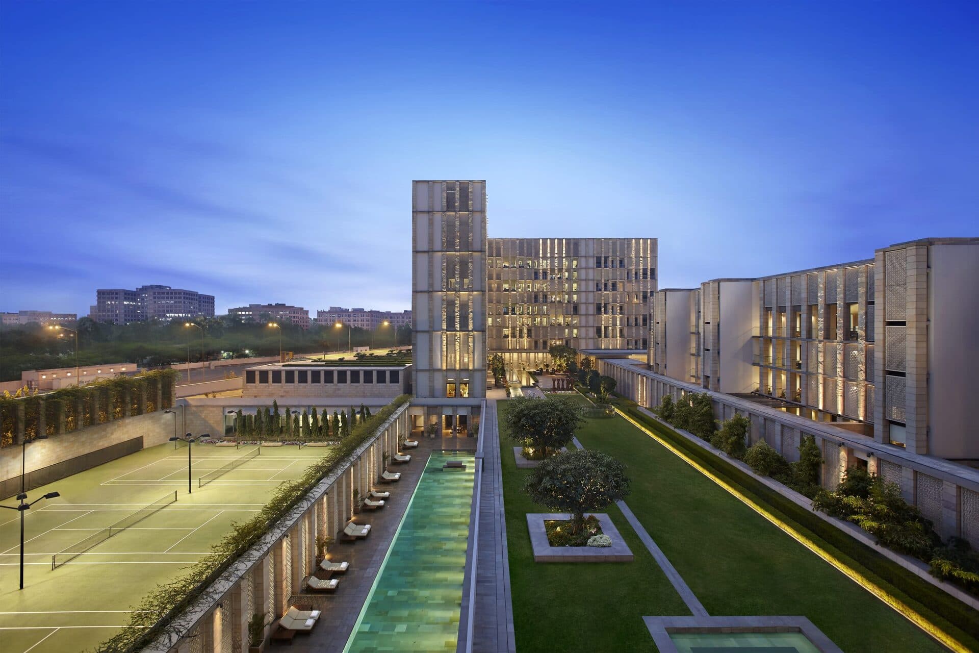 The modernist courtyard facade of The Lodhi hotel on Lodhi Road, New Delhi