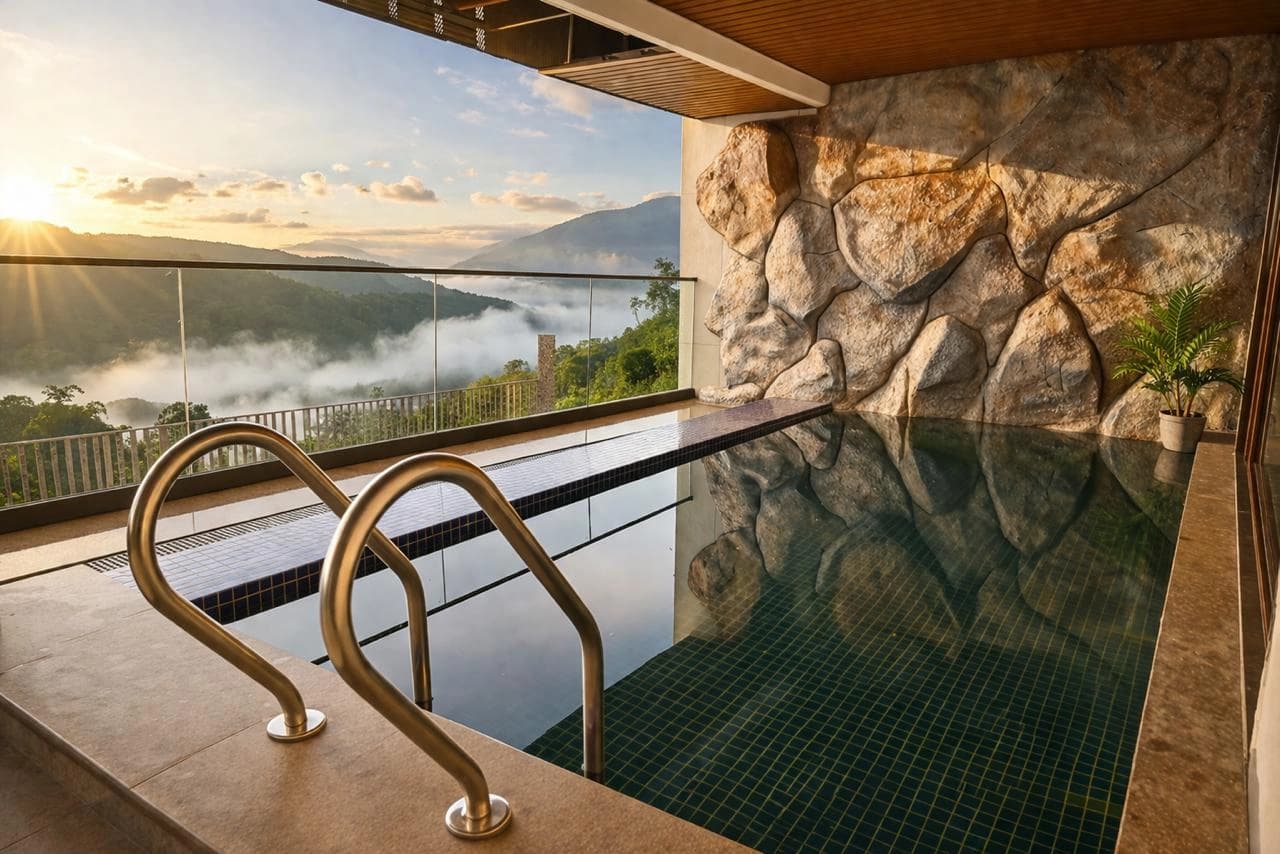 An indoor plunge pool at Jiva Resort, Sohra beside a glass wall opening onto a misty sunrise valley.