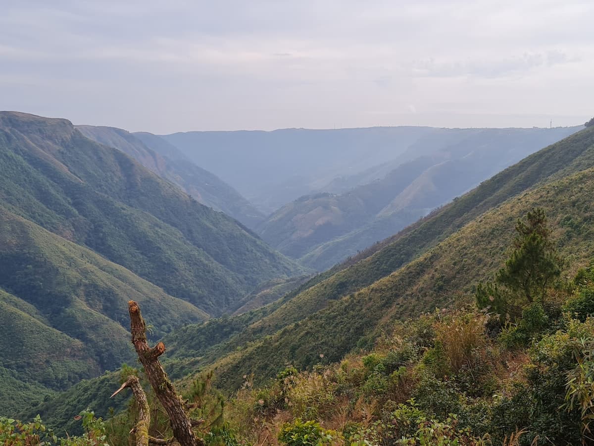 A deep green valley falling away between ridges on the Shillong to Cherrapunji road.