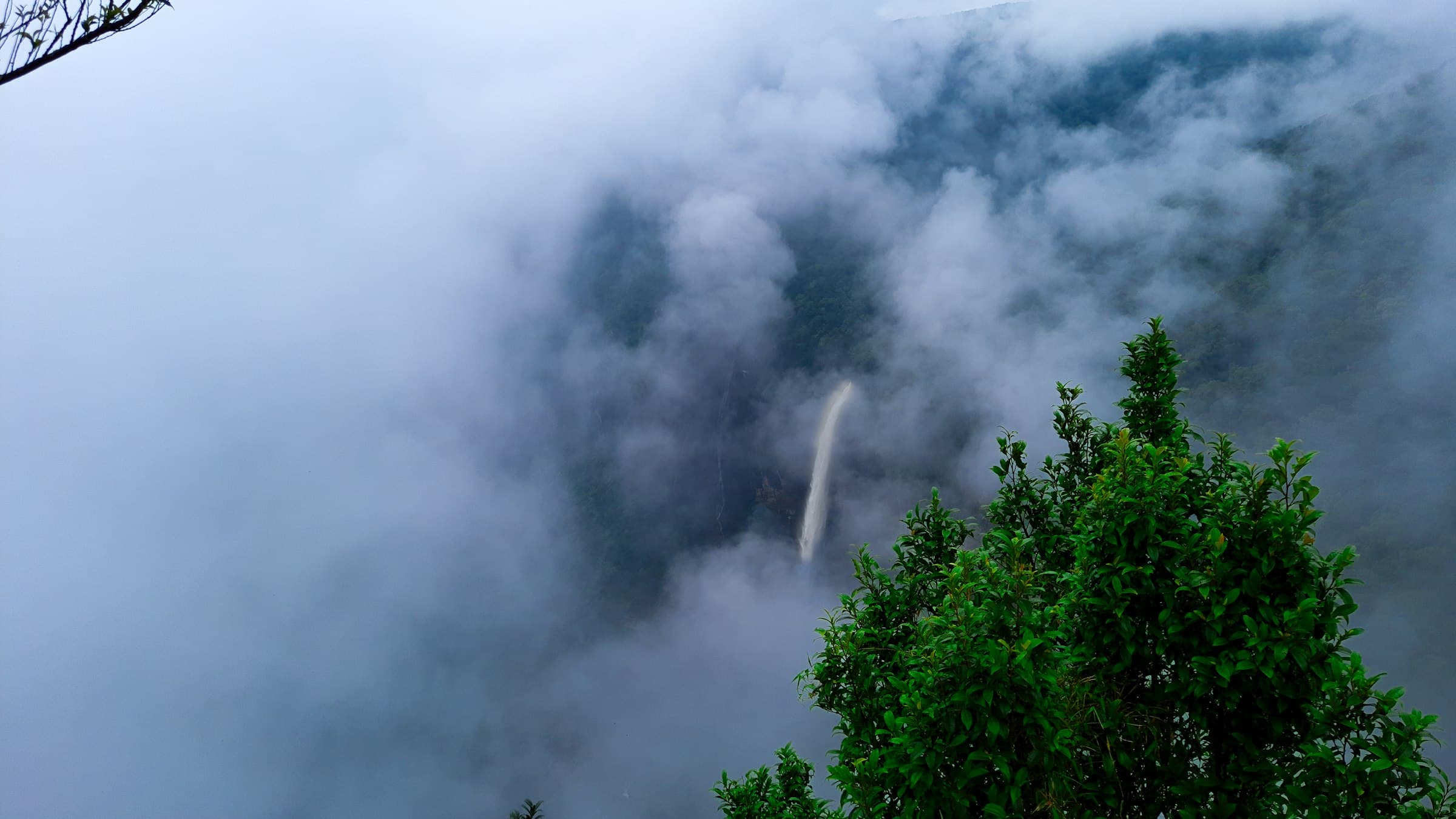 Nohkalikai Falls emerging from heavy monsoon cloud over dark green cliffs.