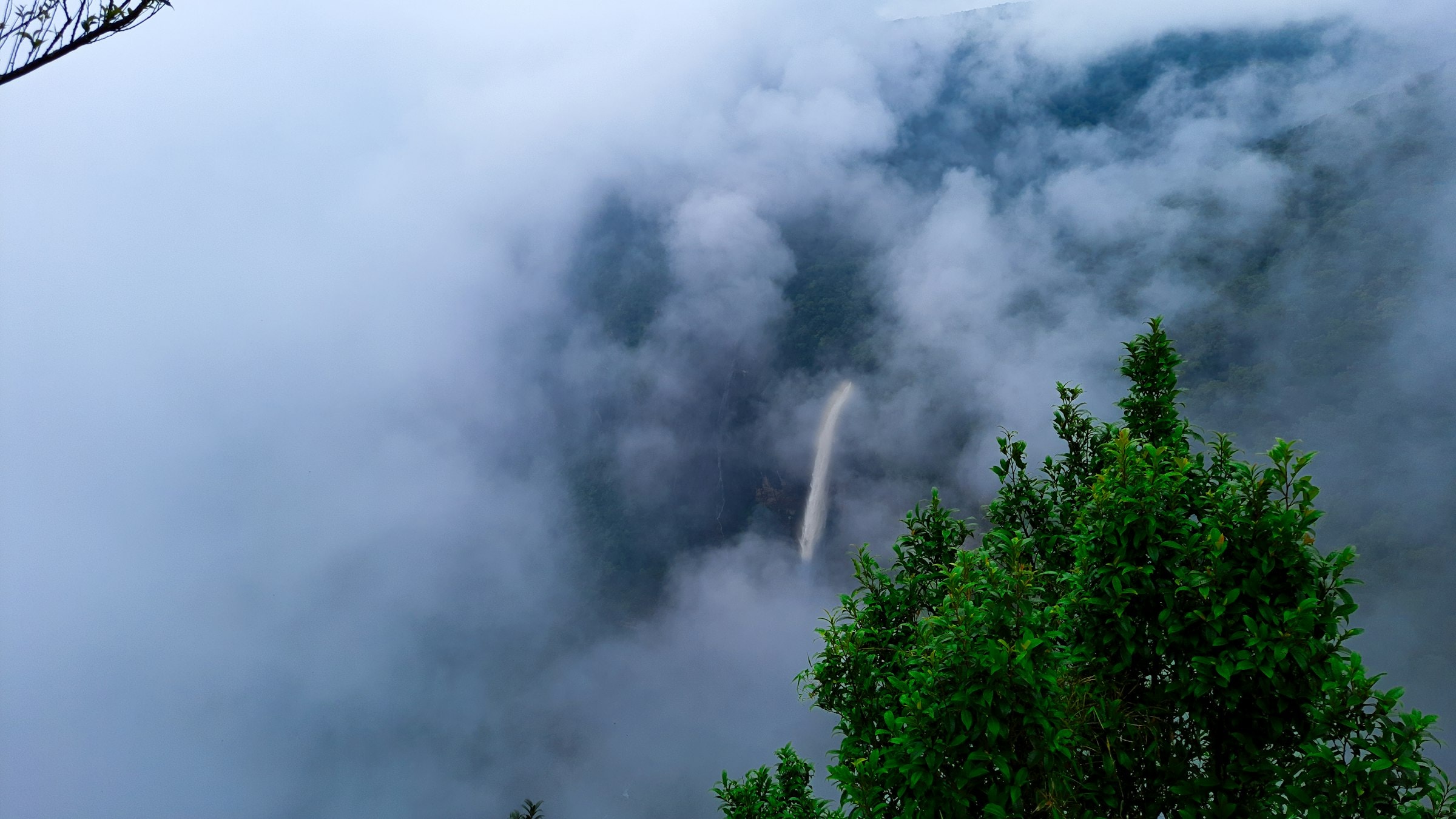Nohkalikai Falls emerging from heavy monsoon cloud over dark green cliffs.