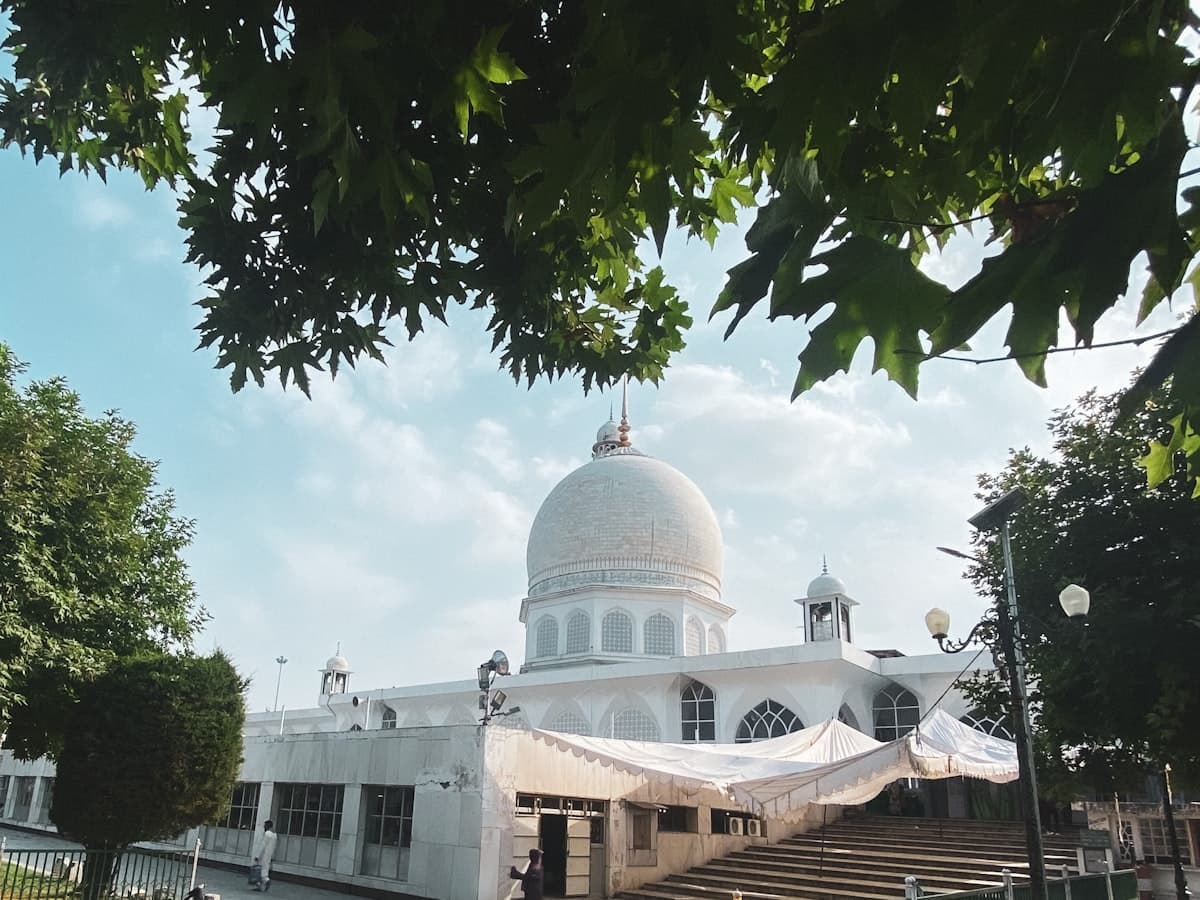 The white marble Hazratbal Shrine with its single dome stands on the shore of Dal Lake in Srinagar.