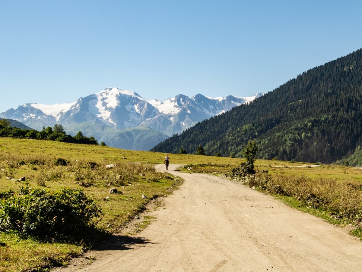 A rider on a horse follows a track through a green mountain valley.