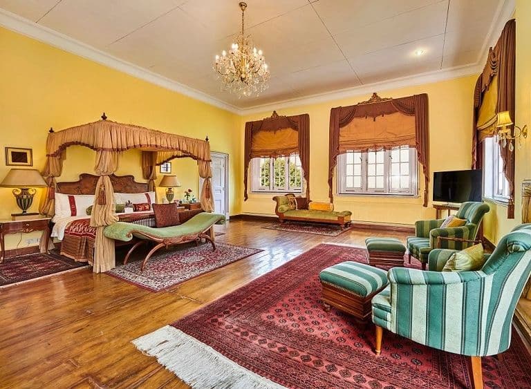 The bedroom of the Maharaja Suite at The LaLiT Grand Palace Srinagar.