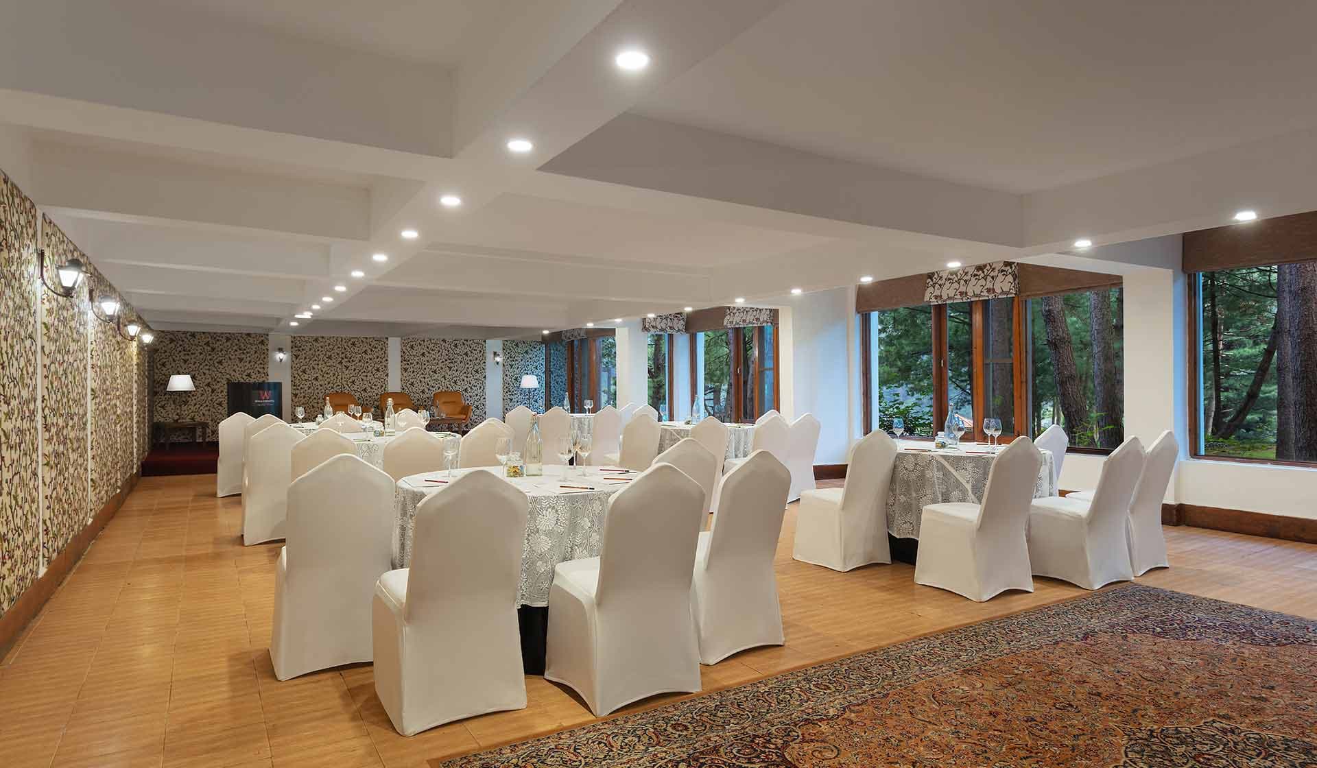 The banquet hall at Welcomhotel Pine N Peak, Pahalgam.